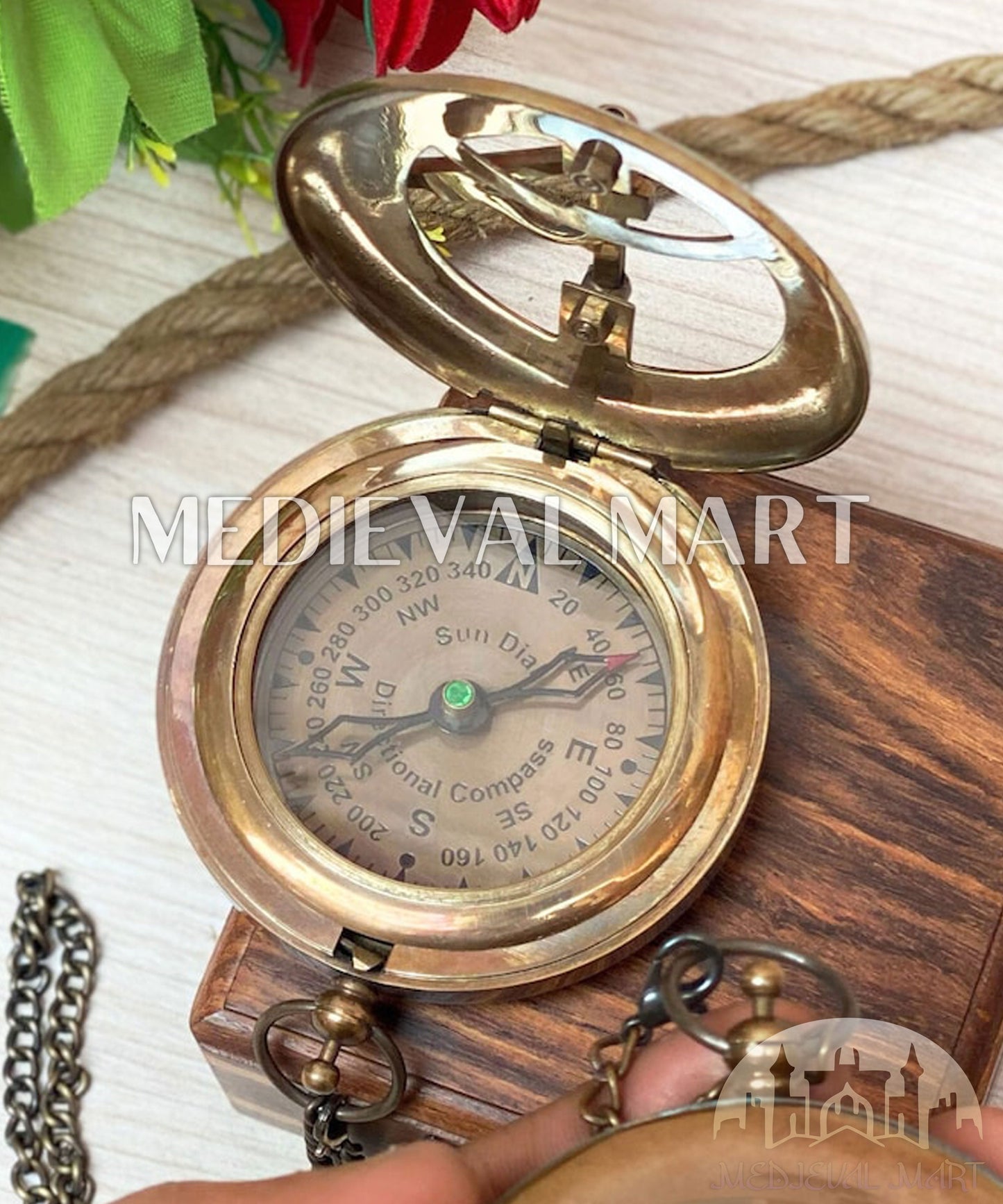 MEDIEVALMART Personalized Nautical Sundial Pocket Compass Antique Finish W/H Gen-1 Wooden Case | Gift For Mom