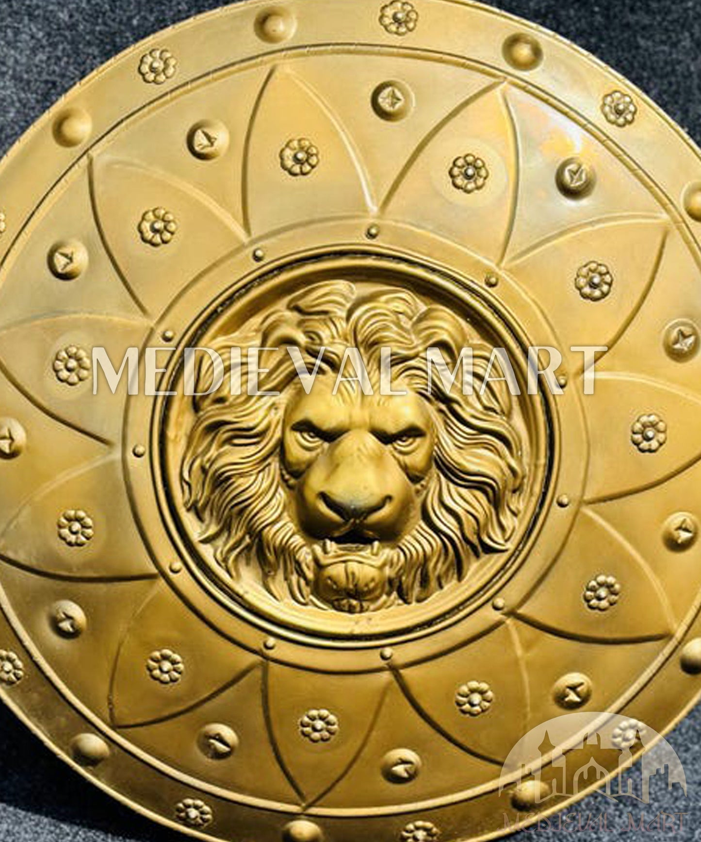 MEDIEVALMART Medieval Lion Face Sparta Shield Full Gold Finish | Gift for Halloween Day