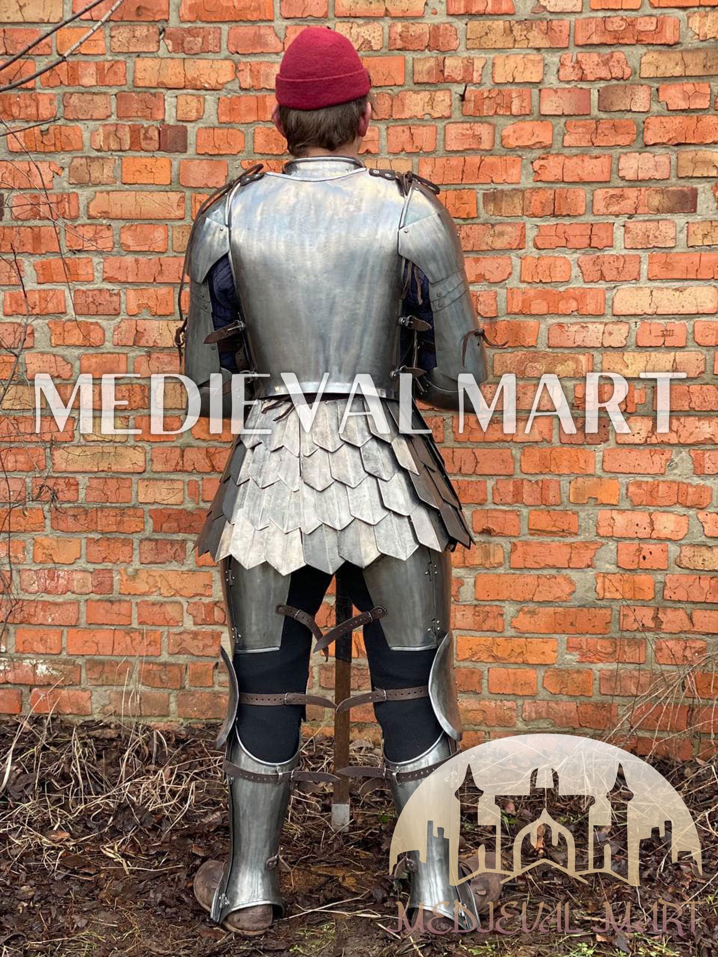 MEDIEVALMART 14th Century Knight Crusader-Era Transitional Plate Hybrid Armor W/H Wolf Ribs Bacinet & Pole Arms Hammer