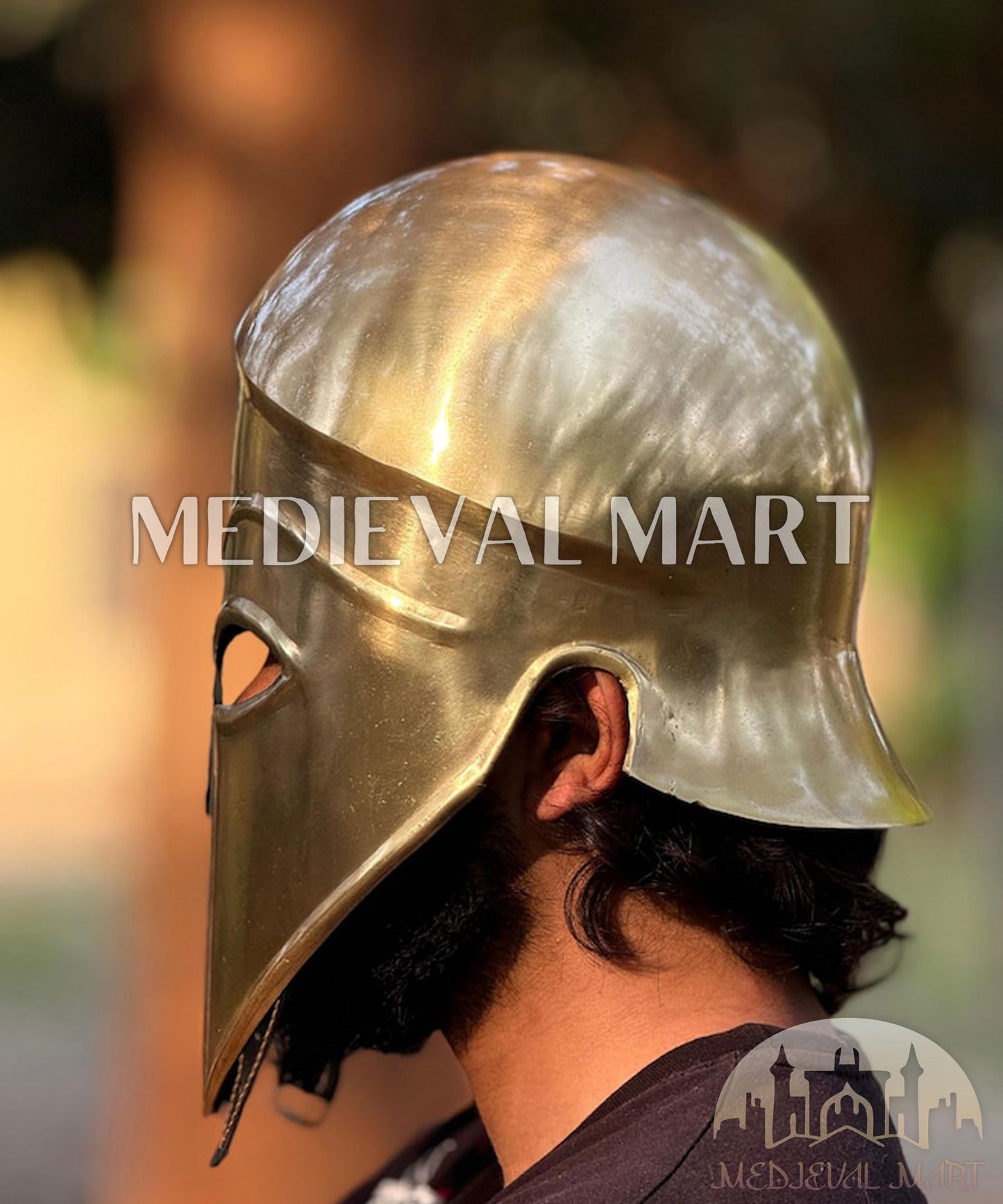 MEDIEVALMART "4th Cen BCE" Greek Hoplites Corinthian Gold Finish Helmet W/H Free Stand | Greek Props