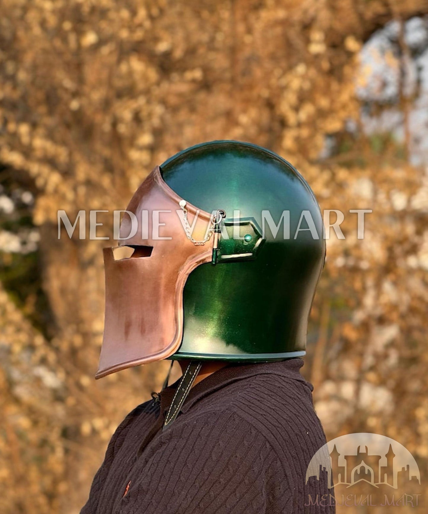 MEDIEVALMART Medieval Knight Armor 18g Mild Steel Copper Green Barbuta Helmet for LARP or Cosplay - Gift For Dad