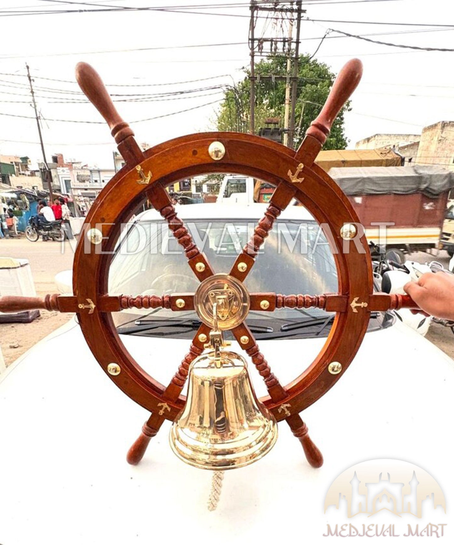 MEDIEVALMART Nautical Wooden "Brown" Ship Wheel With Brass Bell for Wall Decor