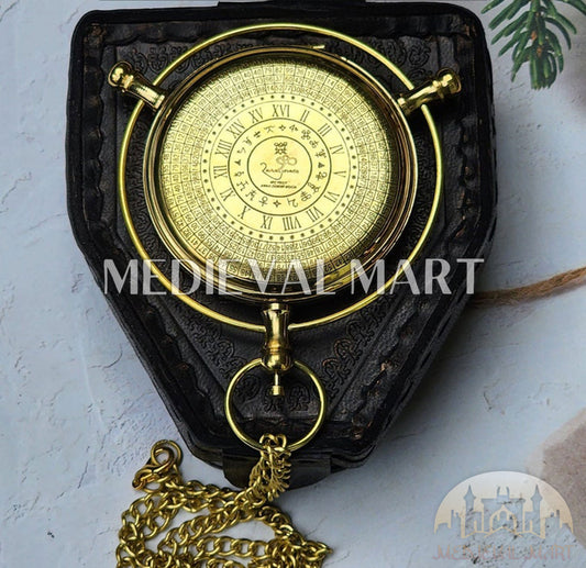 MEDIEVALMART Alethiometer Inspired Engraved Brass Pocket Compass Gold Finish W/H Leather Case | Gift For Mom, Dad