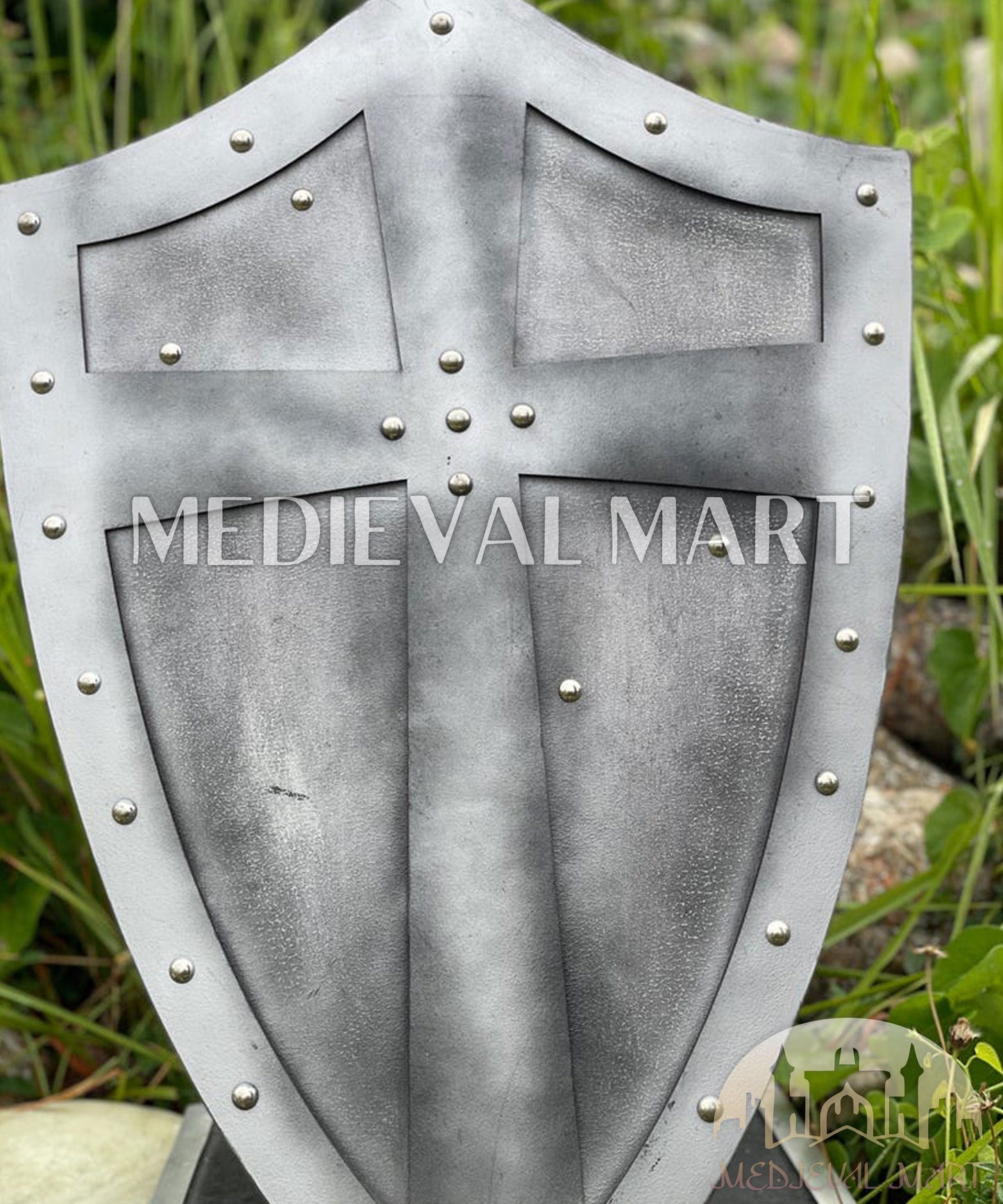 MEDIEVALMART Medieval Templar Salebi Cross Inspired Wooden Shield Black & Siver Finish | Gift for Christmas Day