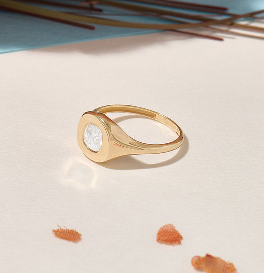 MADELYN MINIMALIST 14k Solid Gold Cushion Cut Bezel Set Signet Ring for Women | Gift for Her