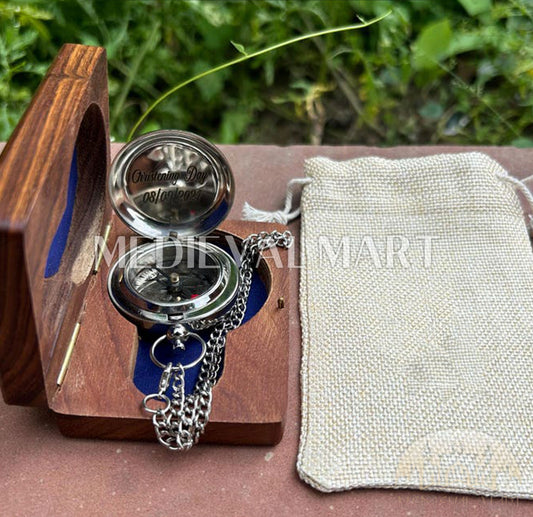 MEDIEVALMART Engraved Minimalist Marine Pocket Cute Compass Chrome Finish W/H Gen-2 Wooden Case | Gift For Her