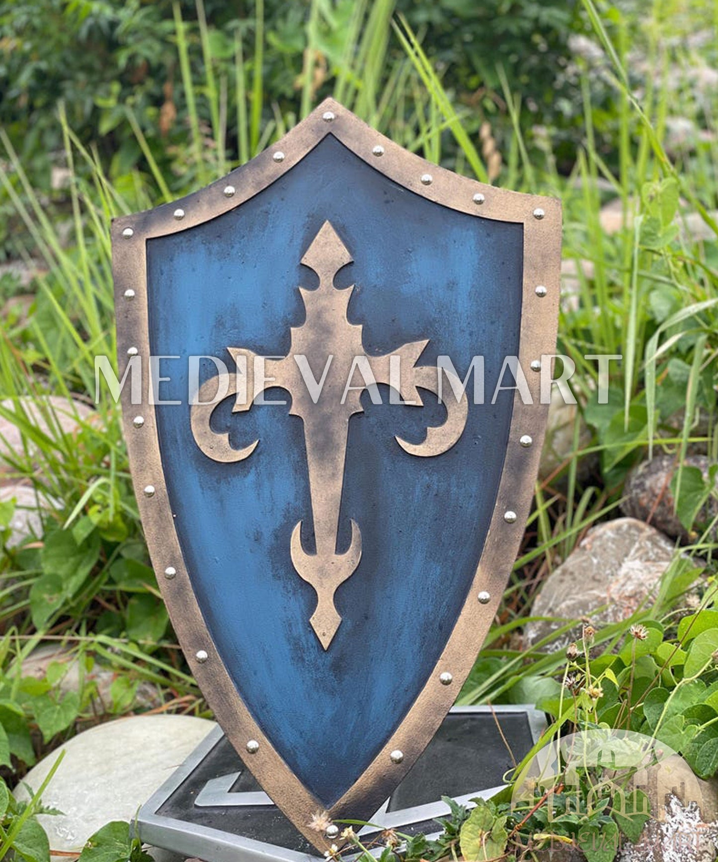 MEDIEVALMART Medieval Templar Devil Zelda Cross Inspired Wooden Shield Bliue & Gold Finish | Gift for Christmas Day
