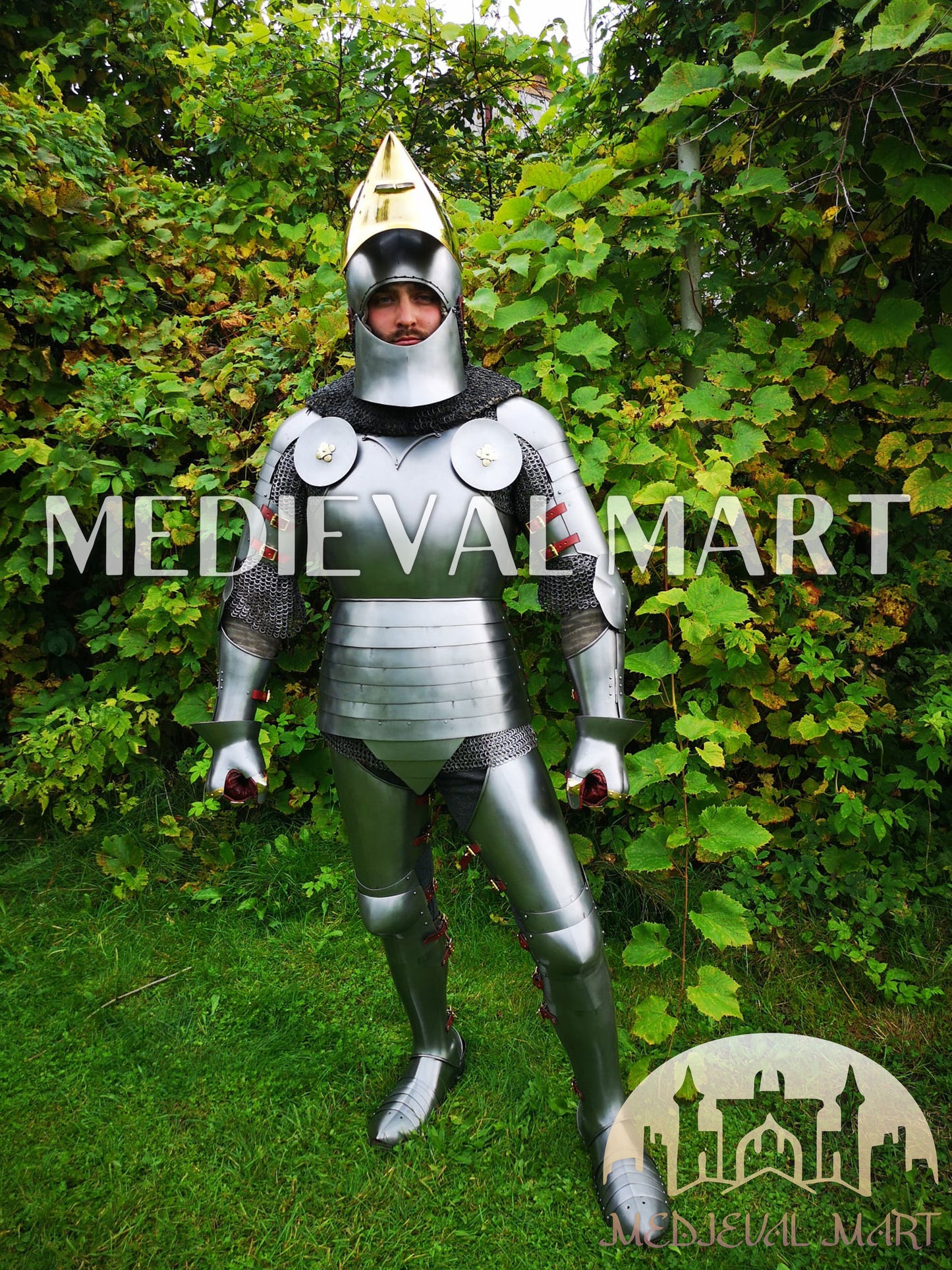 MEDIEVALMART 15th-Century English knight Warrior Gothic Plate Armor Costume W/H Gold Face Hounskull Helmet