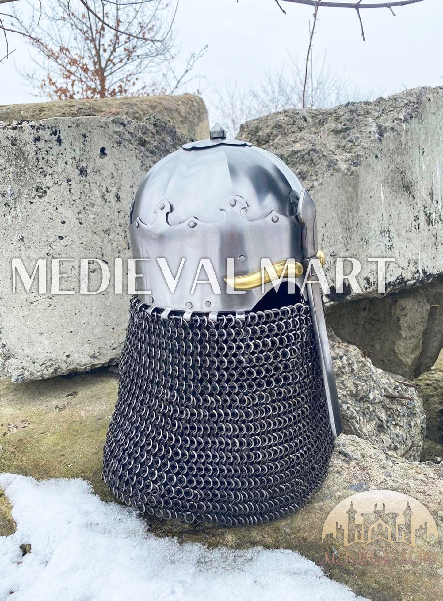 MEDIEVALMART 13th-Century Medieval Nasal Bascinet Chain Mail Helmet