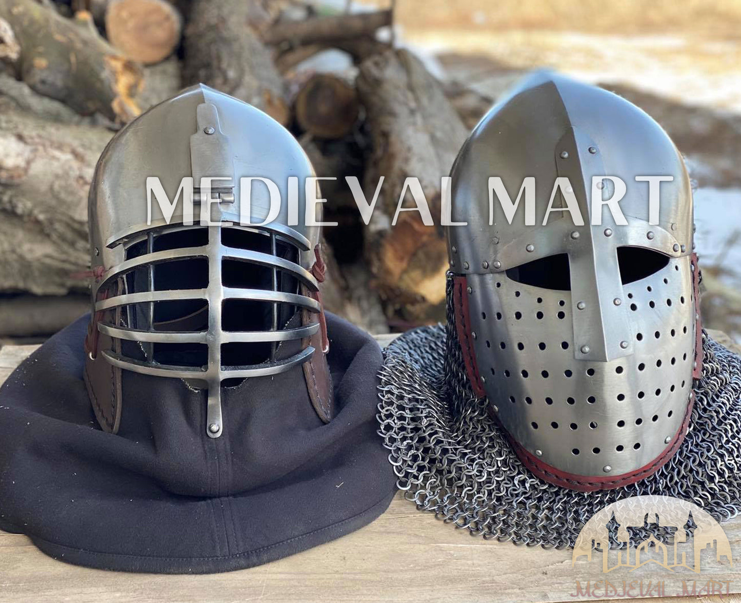 MEDIEVALMART 14th-Century Limited Collection "Wolf Ribs" & "Norman" Bacinet Helmet