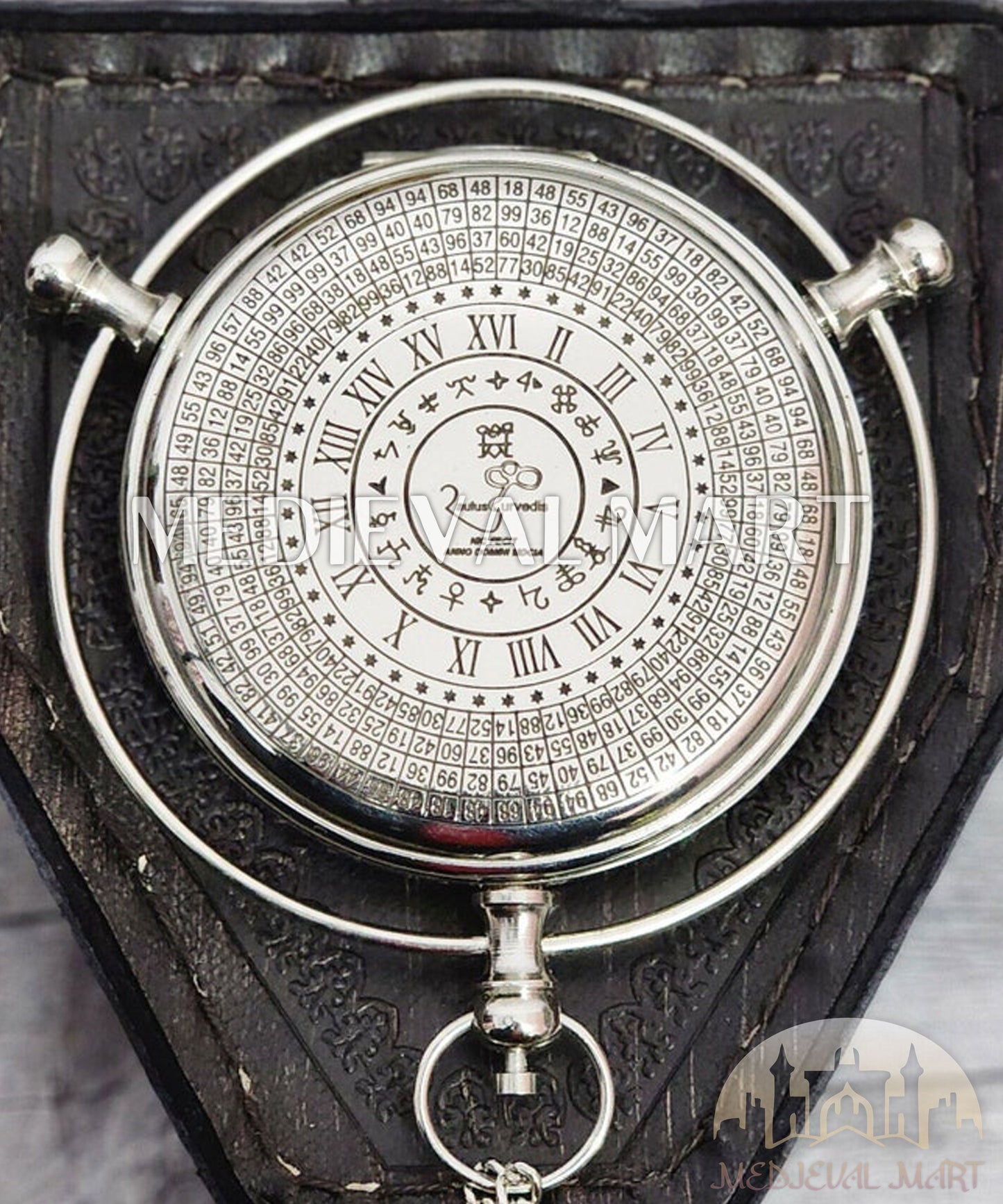MEDIEVALMART Nautical Custom Engraved Alethiometer Chrome Pocket Compass Chrome Finish W/H Lather Case | Gift For Mom