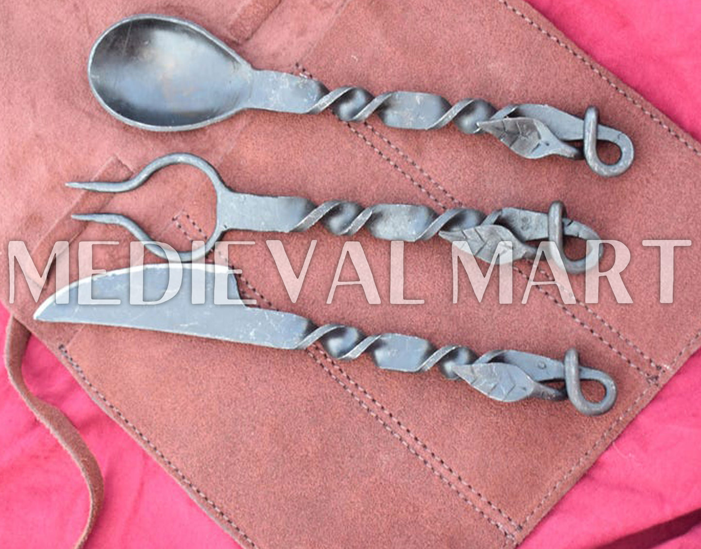 MEDIEVALMART Hand Forged Medieval Cutlery Set With Suede Leather Pouch