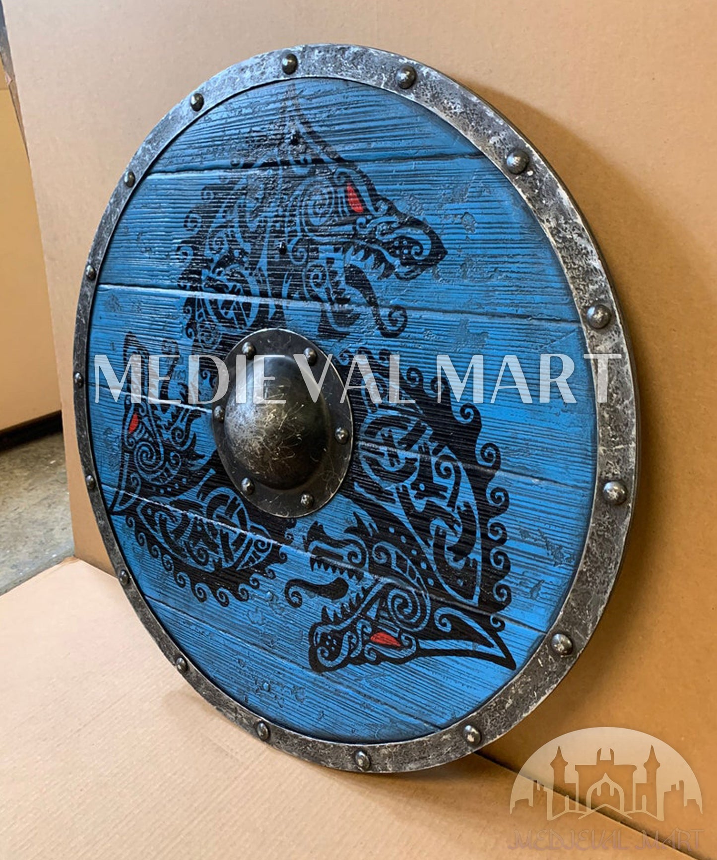 MEDIEVALMART Viking's Fenrir Blue Athena’s Authentic Battleworn Viking Wooden Shield | Gifts For Dad