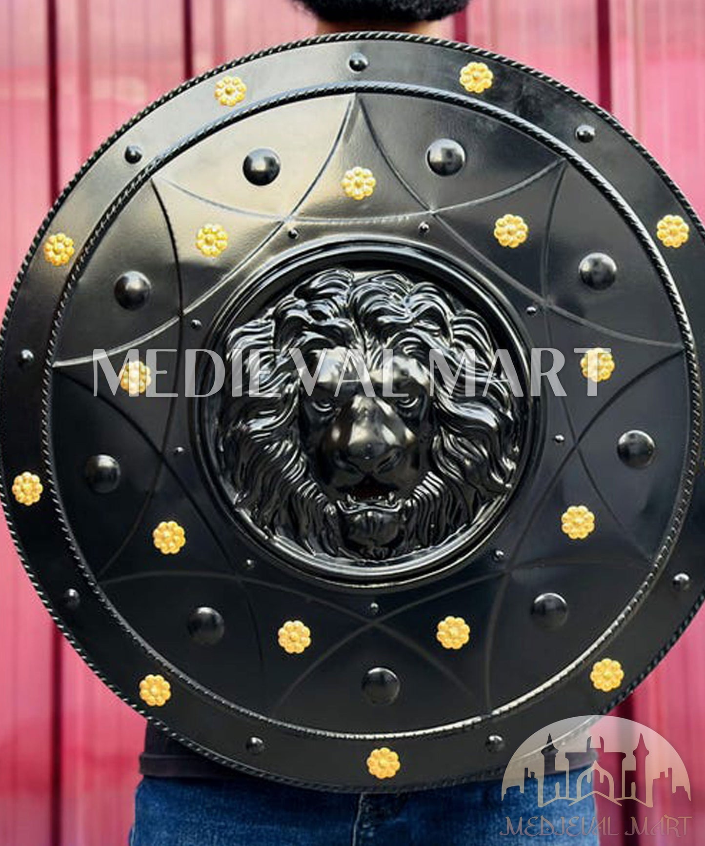 MEDIEVALMART Medieval Spartan Exclusive Gold Lion Face Shield W/H Black Finish | Gift for Dad