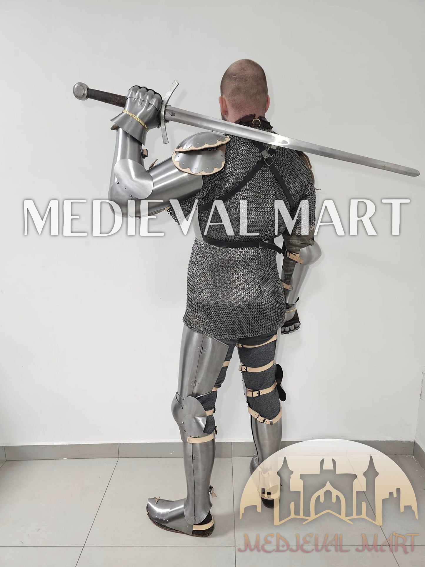 MEDIEVALMART 14th-Century Authentic Combat Full Plate Armor W/H Sword & Chainmail Inner