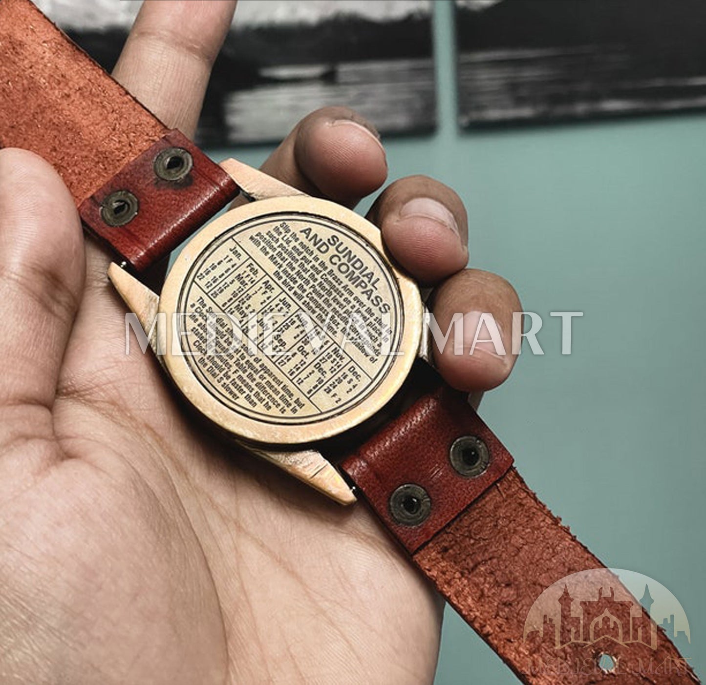 MEDIEVALMART Victorian Steampunk Brass Wrist Compass & Sundial Watch Gold Finish W/H Leather Strap | Gift For Him