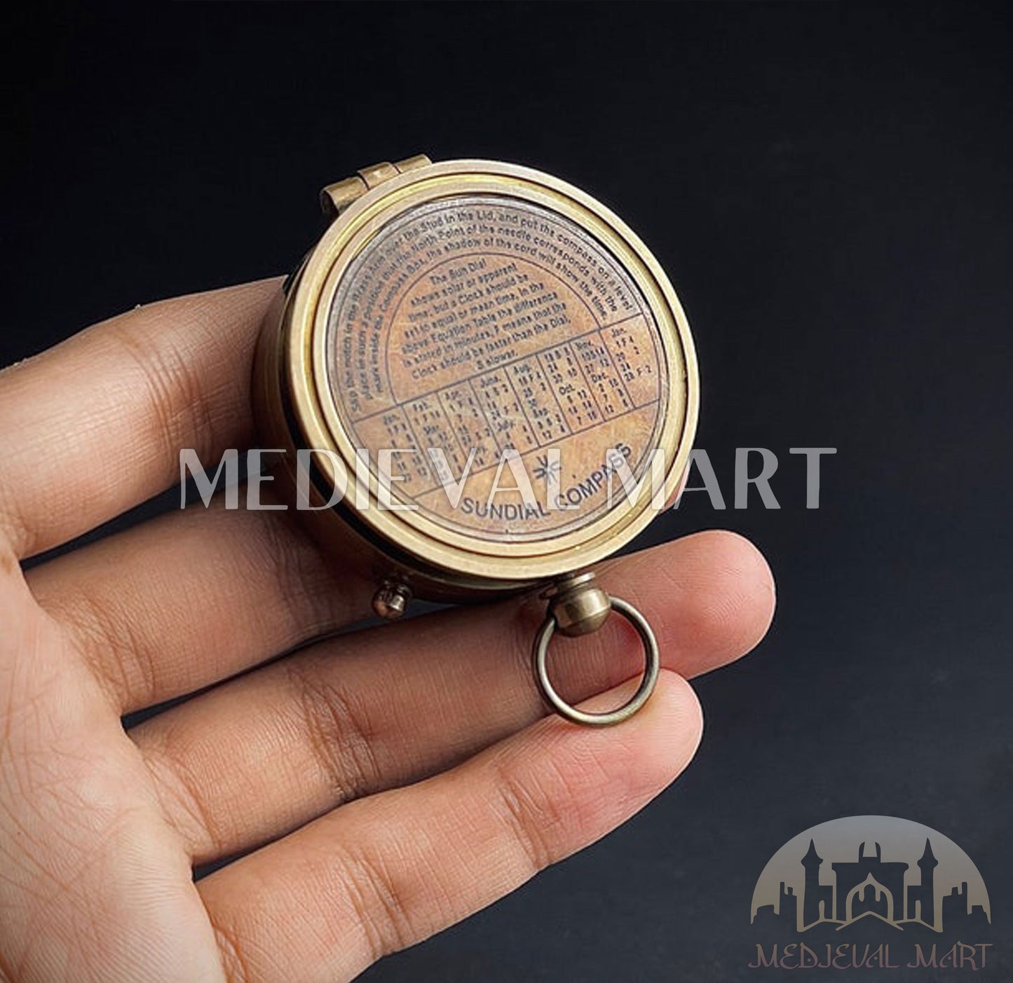 MEDIEVALMART Nautical Brass Engrave Sun Clock Texture Compass Gold Finish W/H Leather Case | Gift For Dad & Son