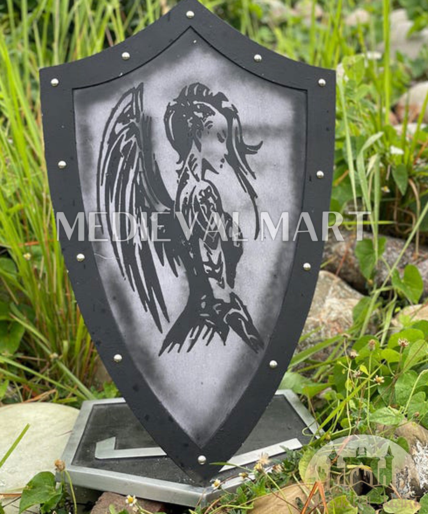 MEDIEVALMART Medieval Templar Devil Angel Inspired Wooden Shield Black & Siver Finish | Gift for Christmas Day
