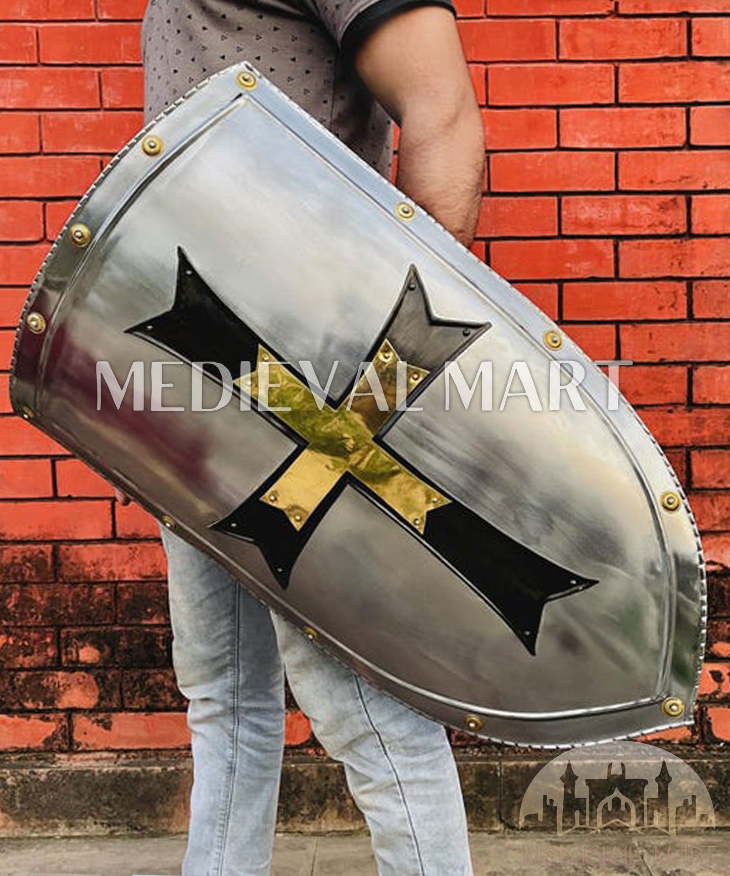 MEDIEVALMART Medieval Crusader Knight Templar Shield W/H Brass & Black Cross | Gift for Dad