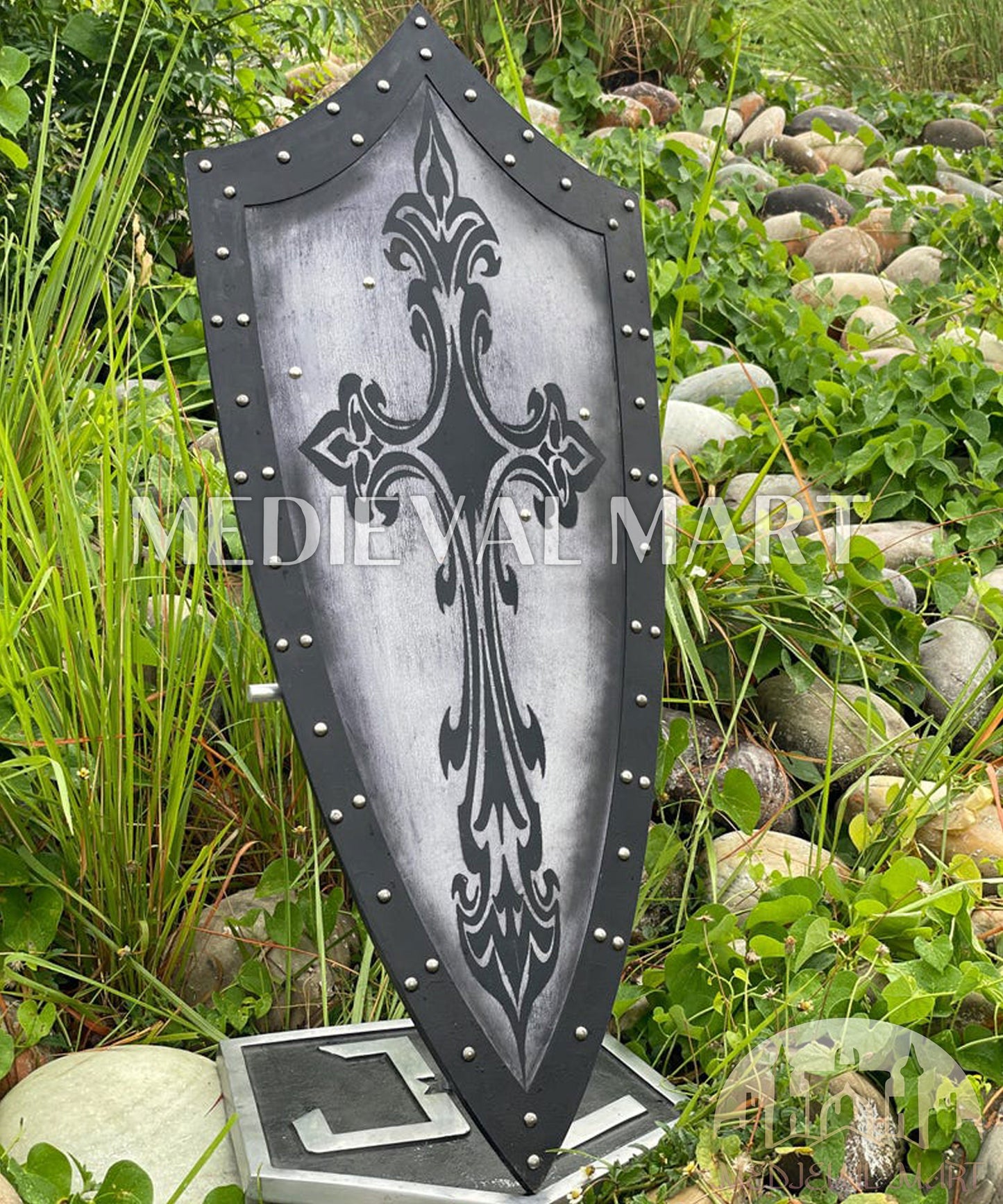 MEDIEVALMART Medieval Templar Spanian Cross Inspired Wooden Shield Black & Siver Finish | Gift for Christmas Day
