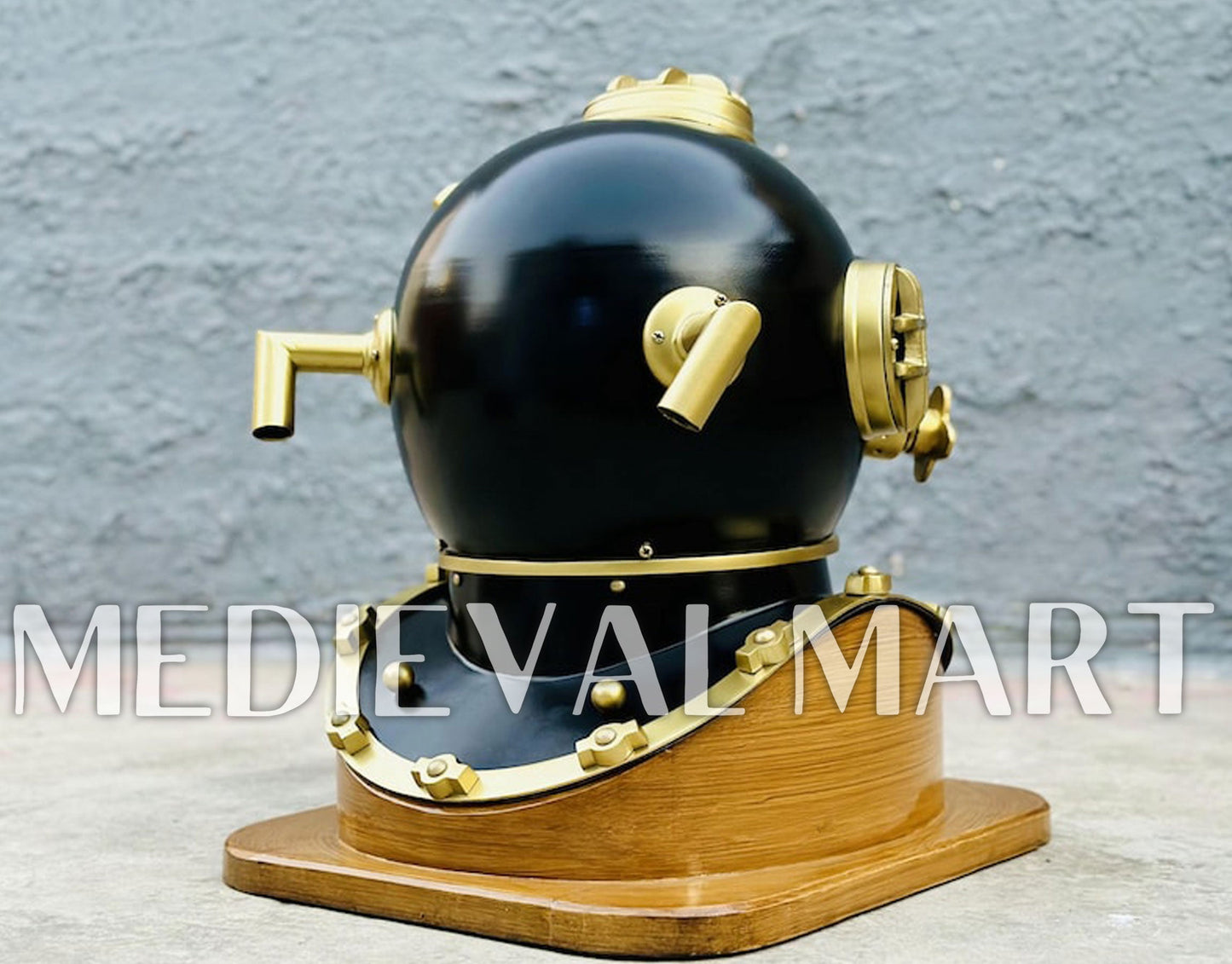 MEDIEVALMART Black Finish Diving Helmet With Wooden Base