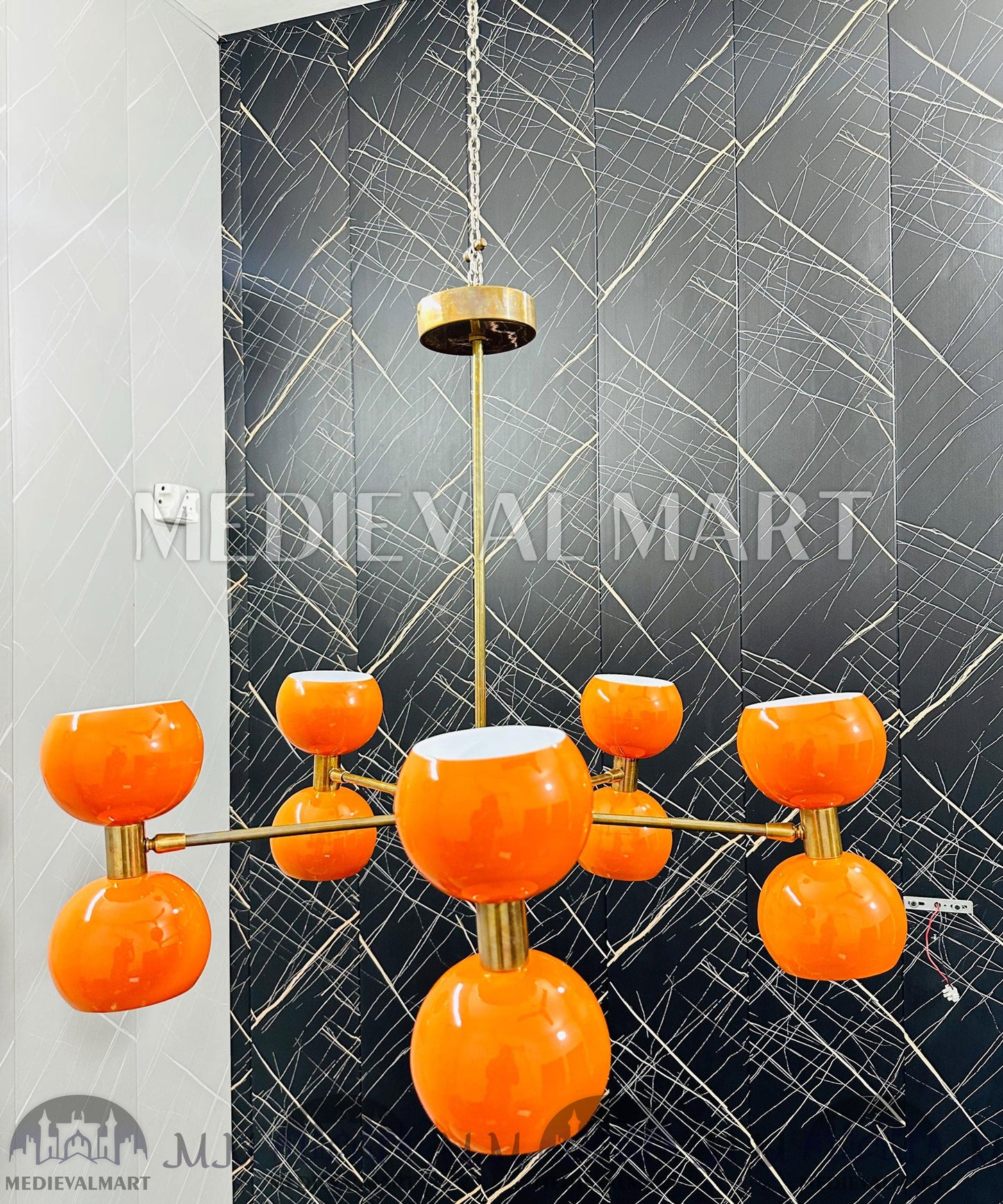 MEDIEVALMART Mid Century Sputnik Chandelier: Brass & Orange Ball Ceiling Light