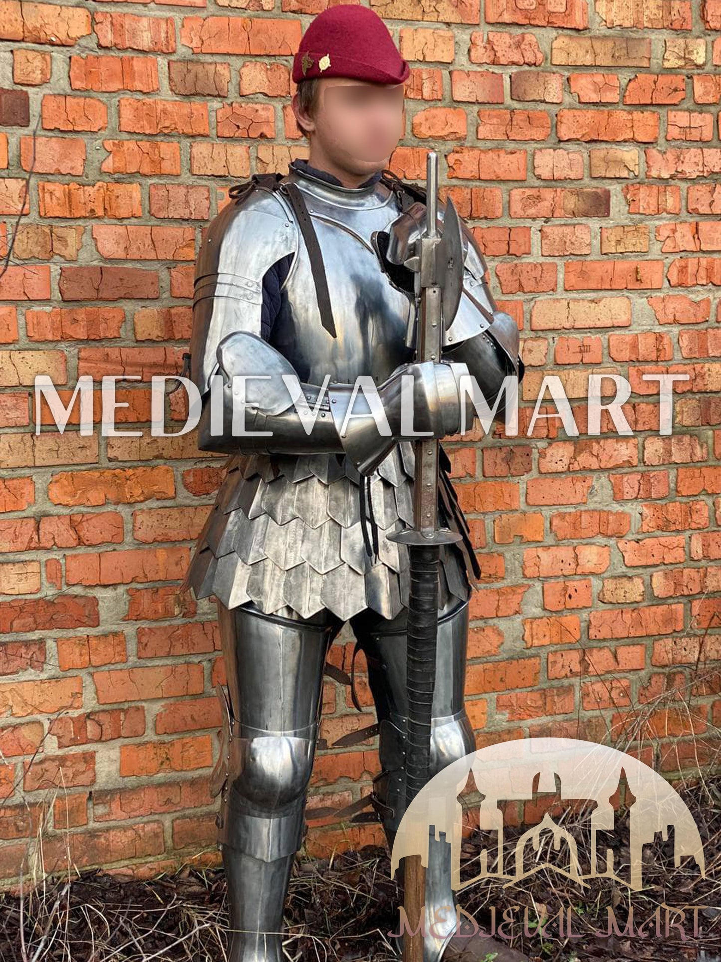 MEDIEVALMART 14th Century Knight Crusader-Era Transitional Plate Hybrid Armor W/H Wolf Ribs Bacinet & Pole Arms Hammer