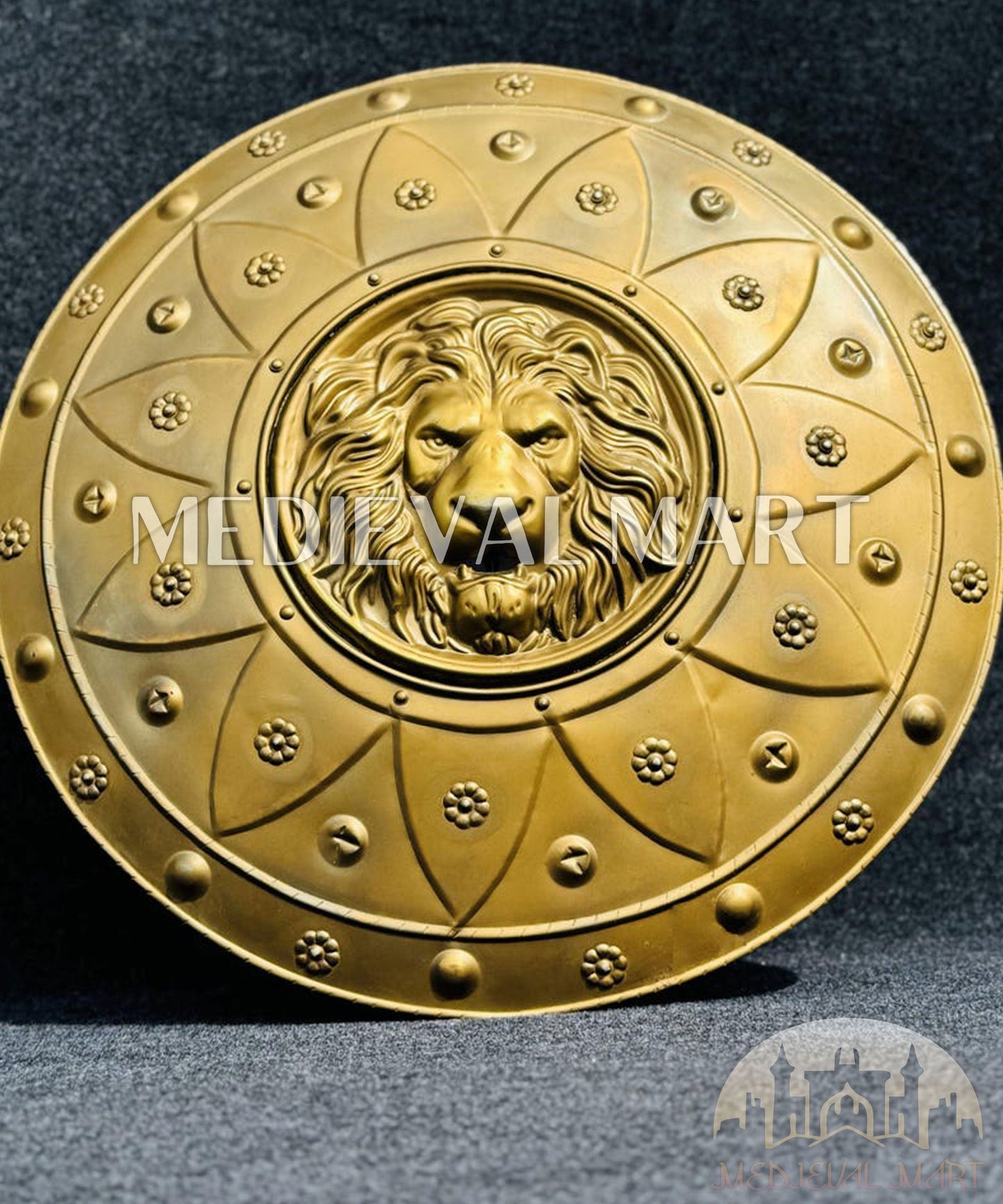 MEDIEVALMART Medieval Lion Face Sparta Shield Full Gold Finish | Gift for Halloween Day