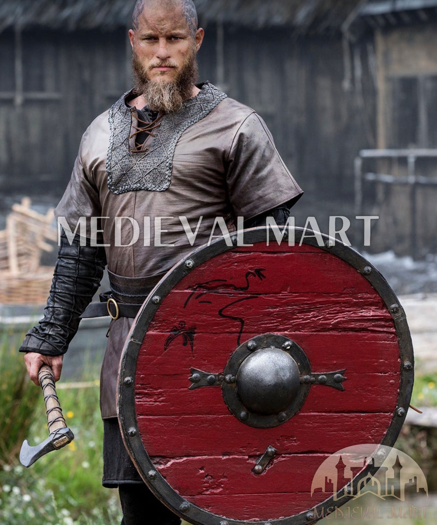 MEDIEVALMART Ragnar Lothbrok Authentic Battleworn Viking Wooden Shield | Gifts For Dad