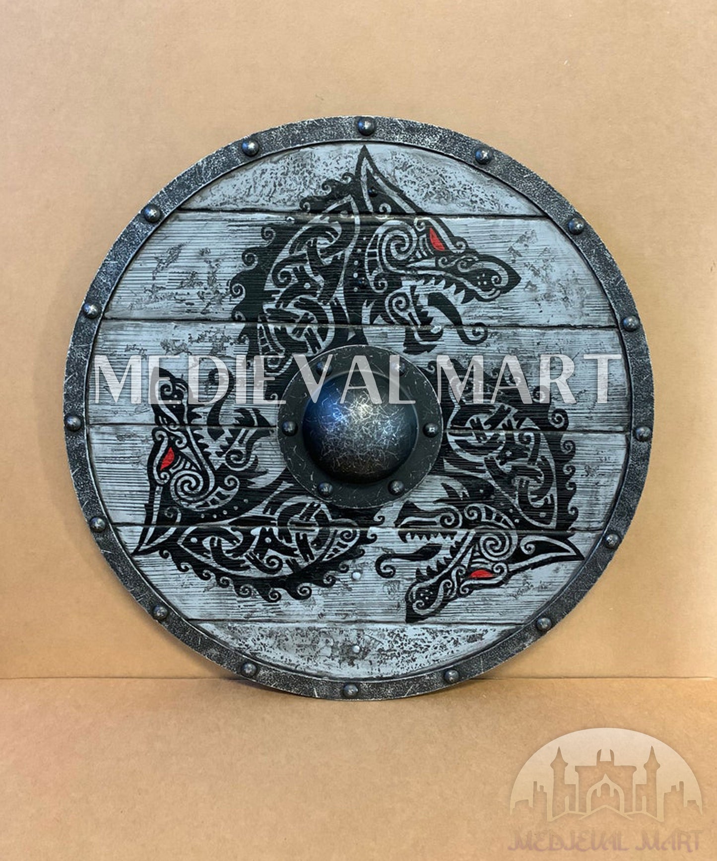 MEDIEVALMART Viking's Fenrir Gray Athena’s Authentic Battleworn Viking Wooden Shield | Gifts For Dad