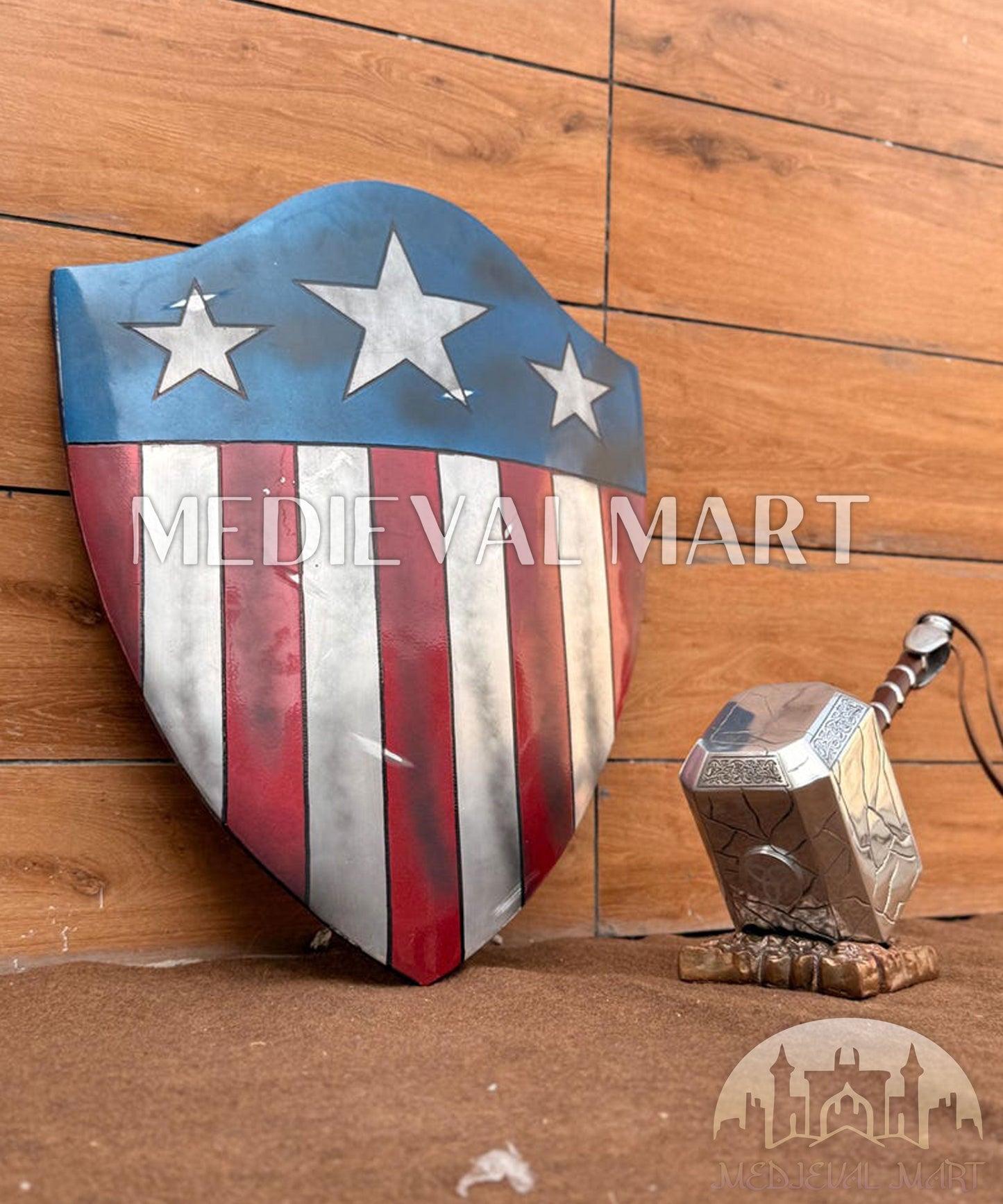 MEDIEVALMART First Avengers Steve Rogers Damaged Shield W/H Thor Damage Hammer | Gift for Son