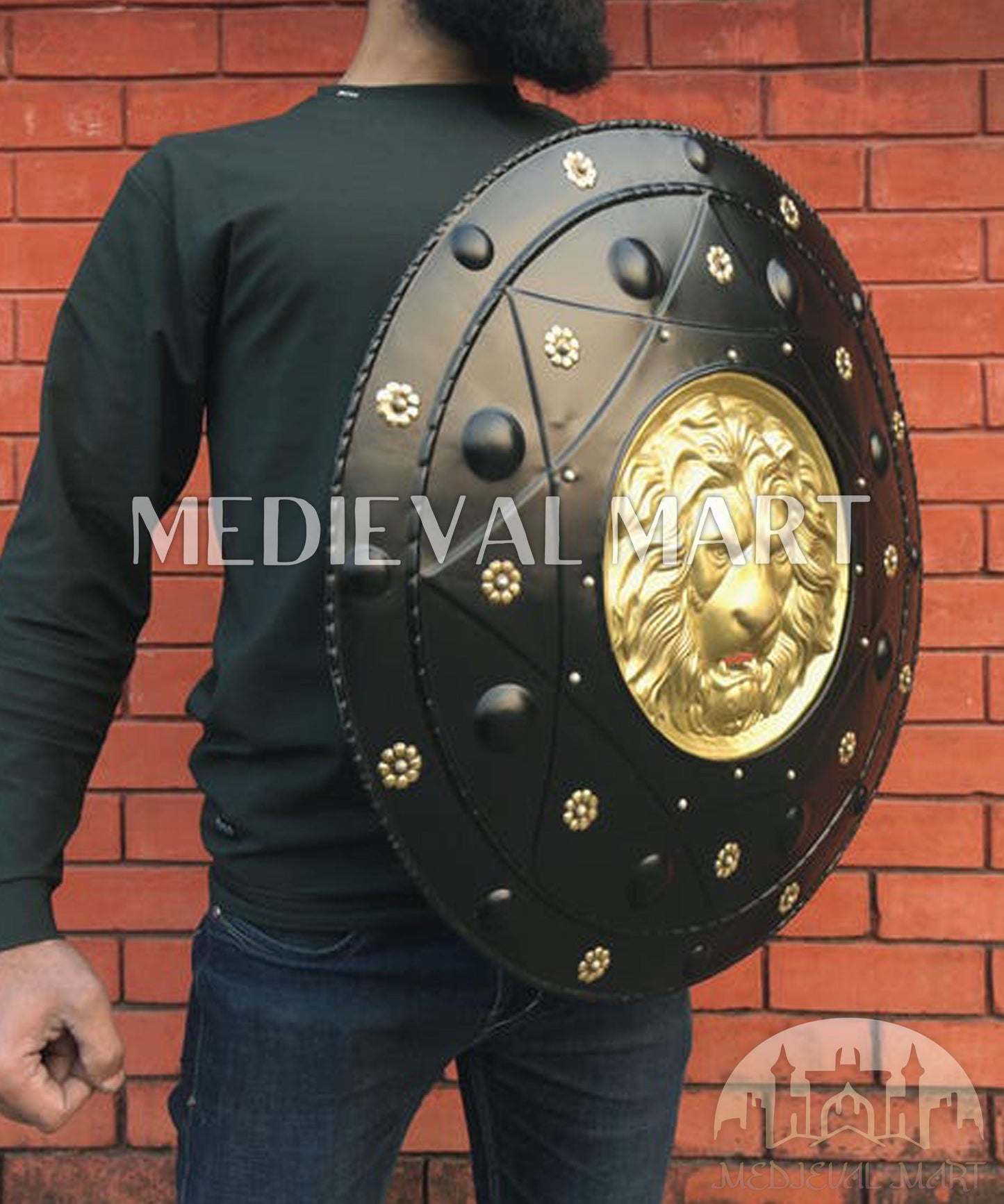 MEDIEVALMART Medieval Lion Face Spartan Shield W/H Black Finish | Gift For Dad