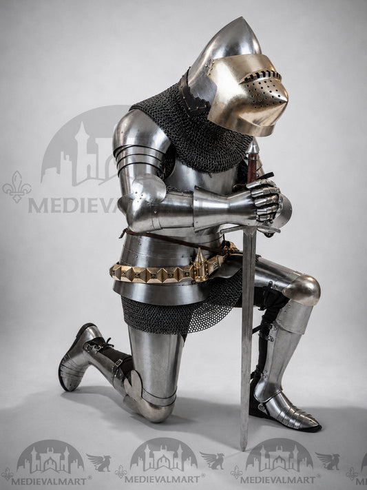 MEDIEVALMART Armure intégrale de chevalier médiéval en acier avec casque Hundsgugel, plastron à butée ou touches en laiton