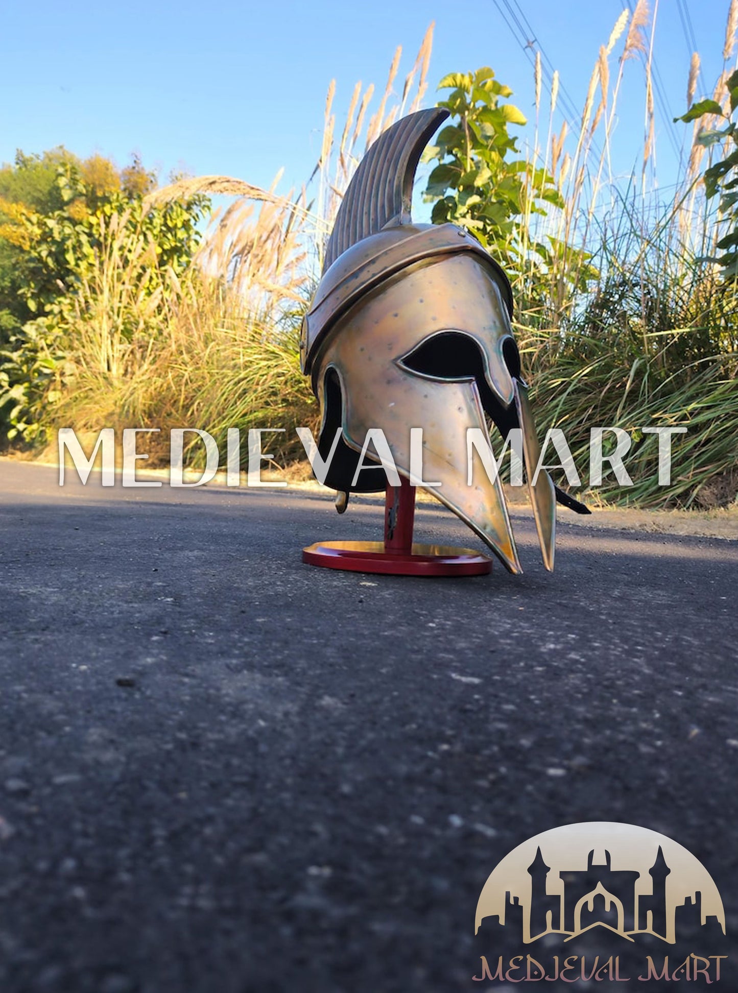 MEDIEVALMART Corinthian Greek Knight Crusader Spartan Helmet W/H Free Stand | 300 Props