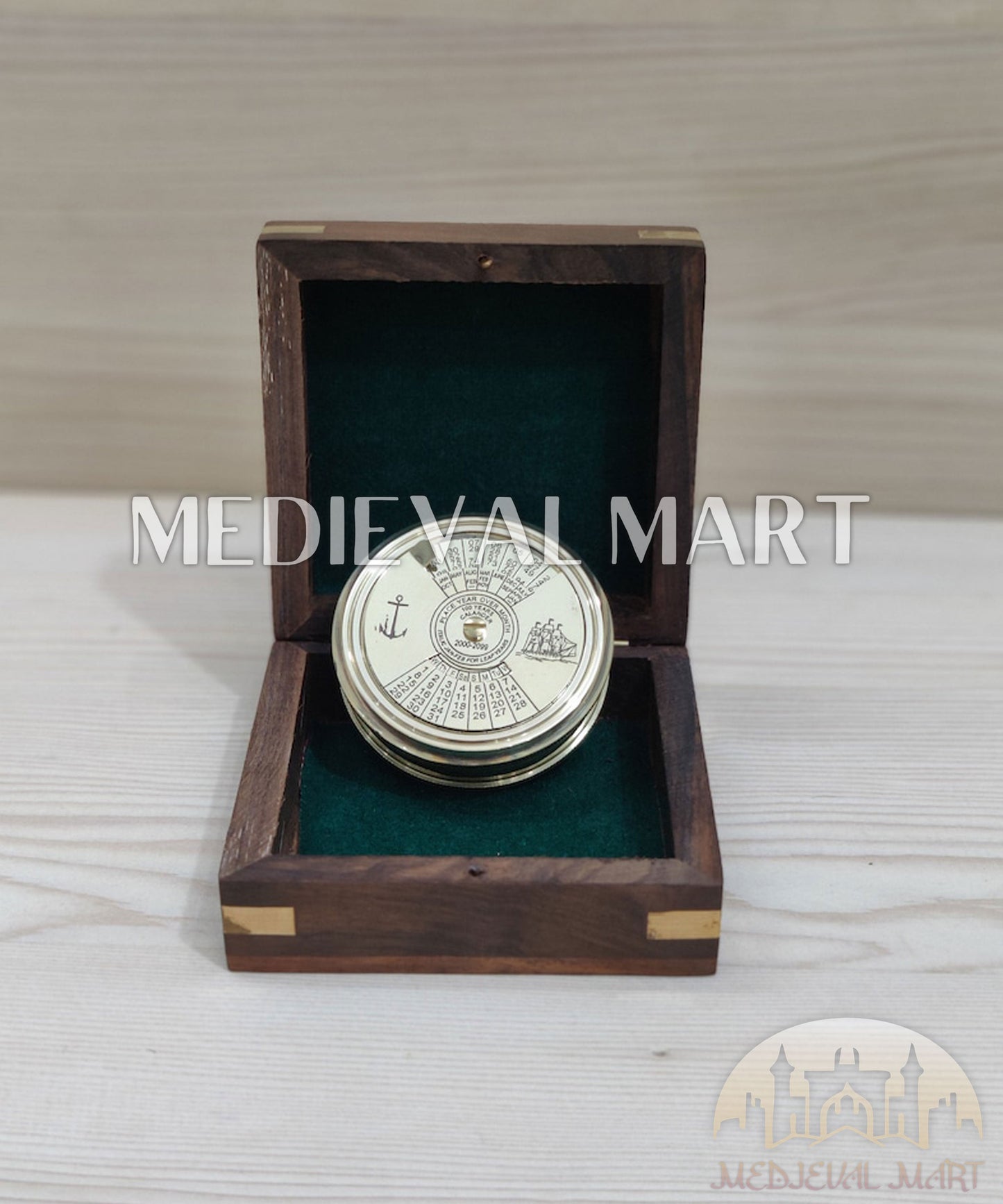 MEDIEVALMART Adventure 100 Years Colander Engrave Pure Brass Finish Compass W/H Gen-1 Wooden Case| Gift For Him
