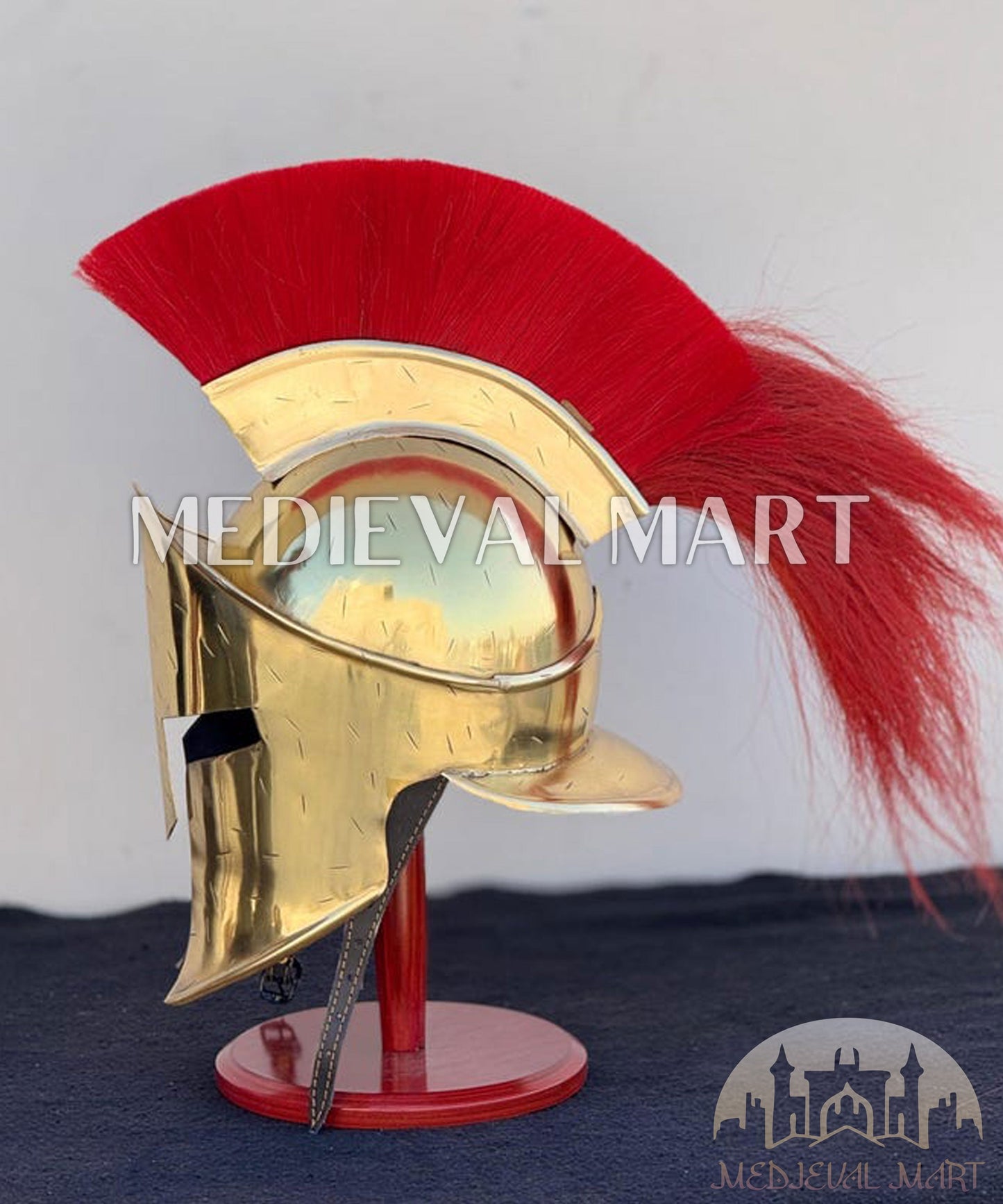 MEDIEVALMART "300" Spartan King Leonidas Shiny Brass Helmet W/H Free Stand | 300 Props