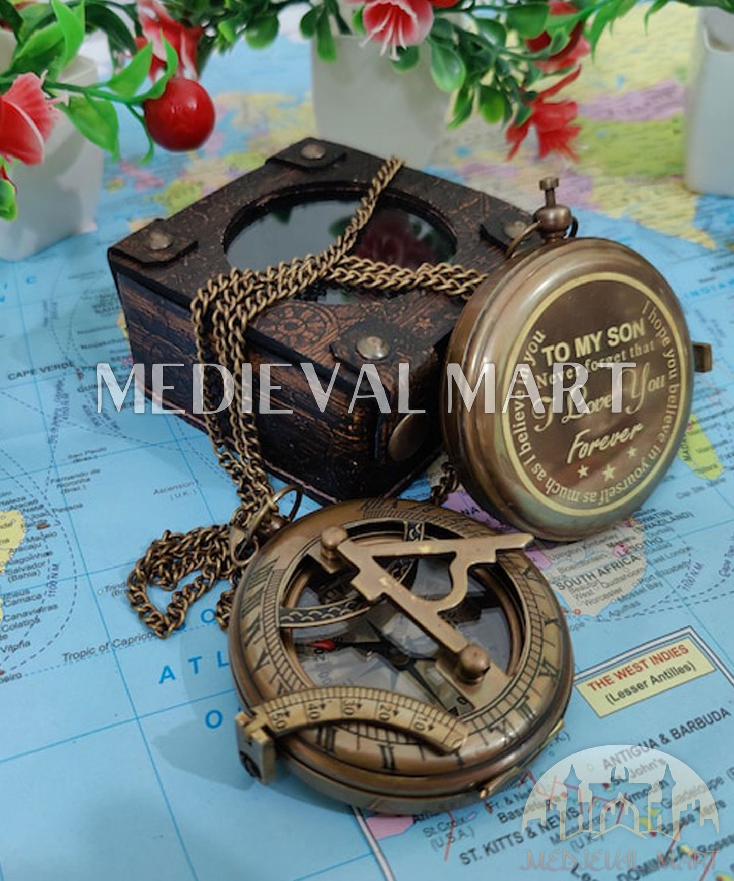 MEDIEVALMART Nautical Vintage Brass Sundial Pocket Compass Gold Finish W/H Gen-3 Pandora Case | Gift For Mom & Dad