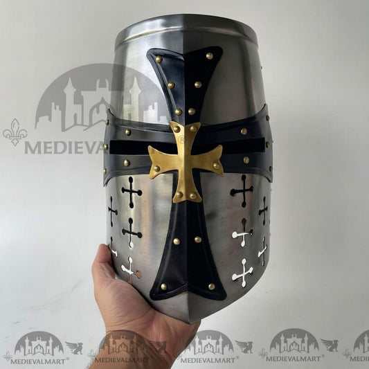 MEDIEVALMART Casque de chevalier templier croisé finition argentée avec support gratuit