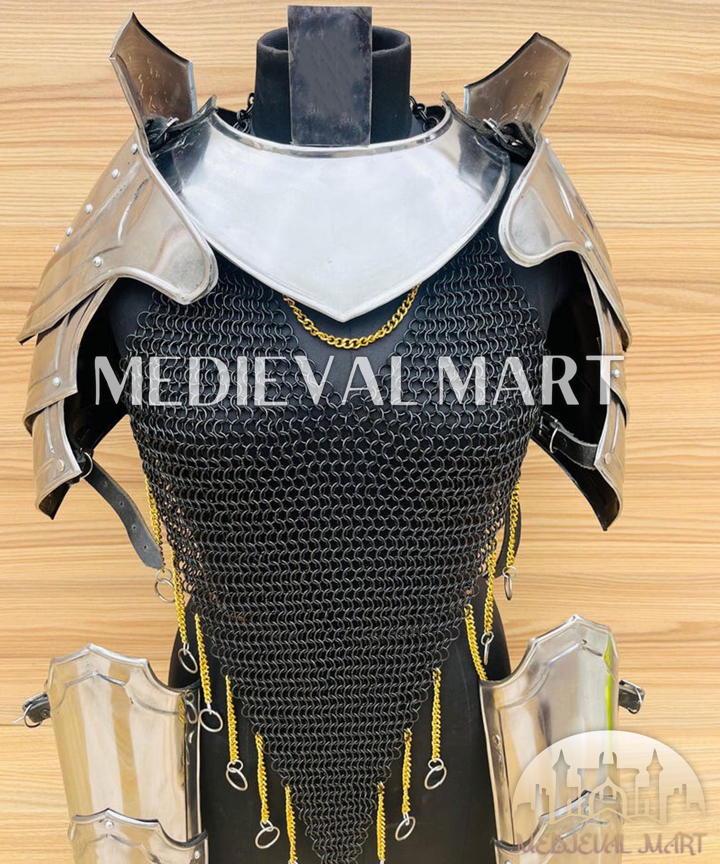 MEDIEVALMART (Isolara Dragonplate) Women’s Armor W/H Black (DragonFang) Chainmail + Arms Armor