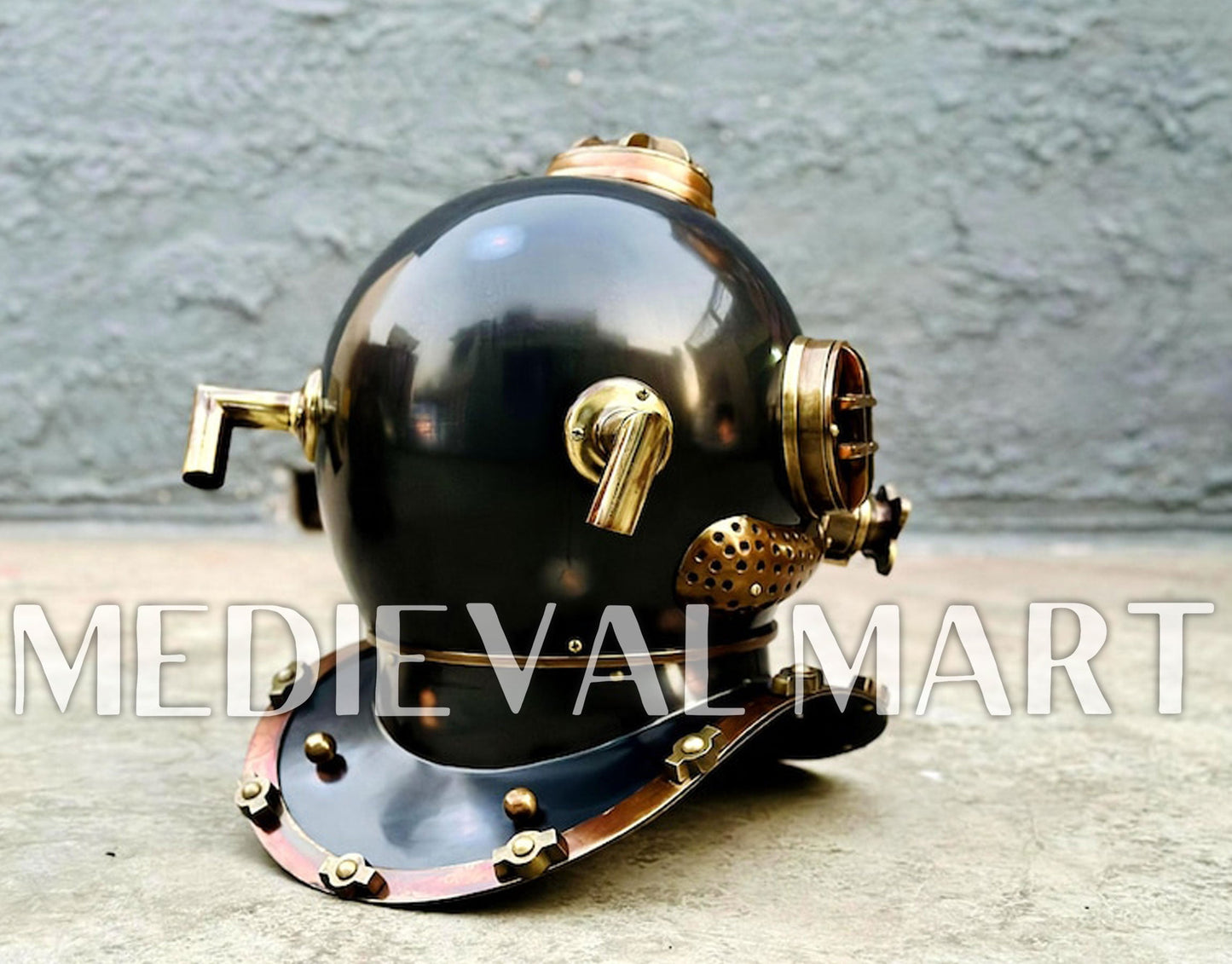 MEDIEVALMART Antique Black Finish Diving Helmet With Wooden Base