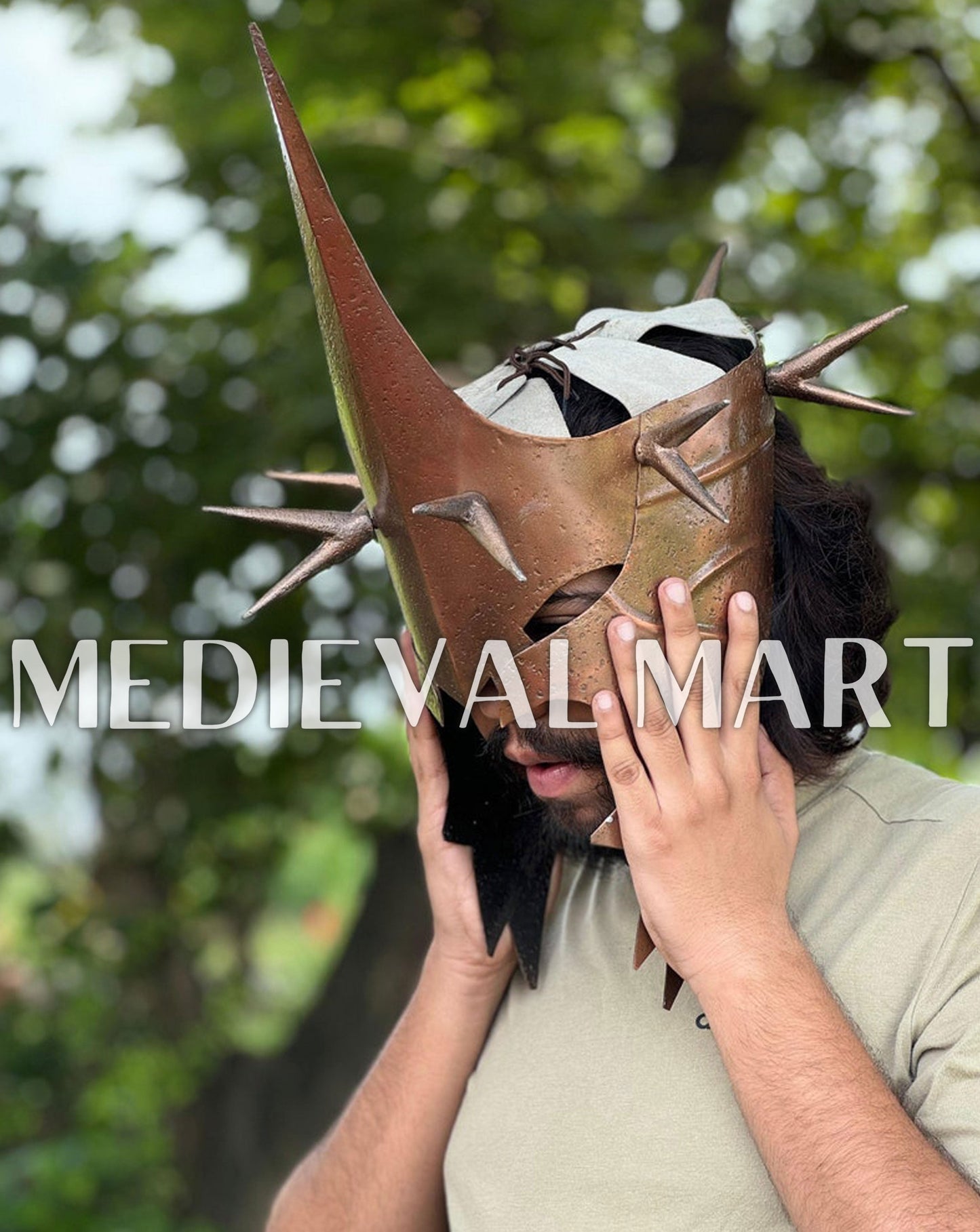MEDIEVALMART Bronze Finish Nazgul Helmet W/H Free Stand | LOTR Props