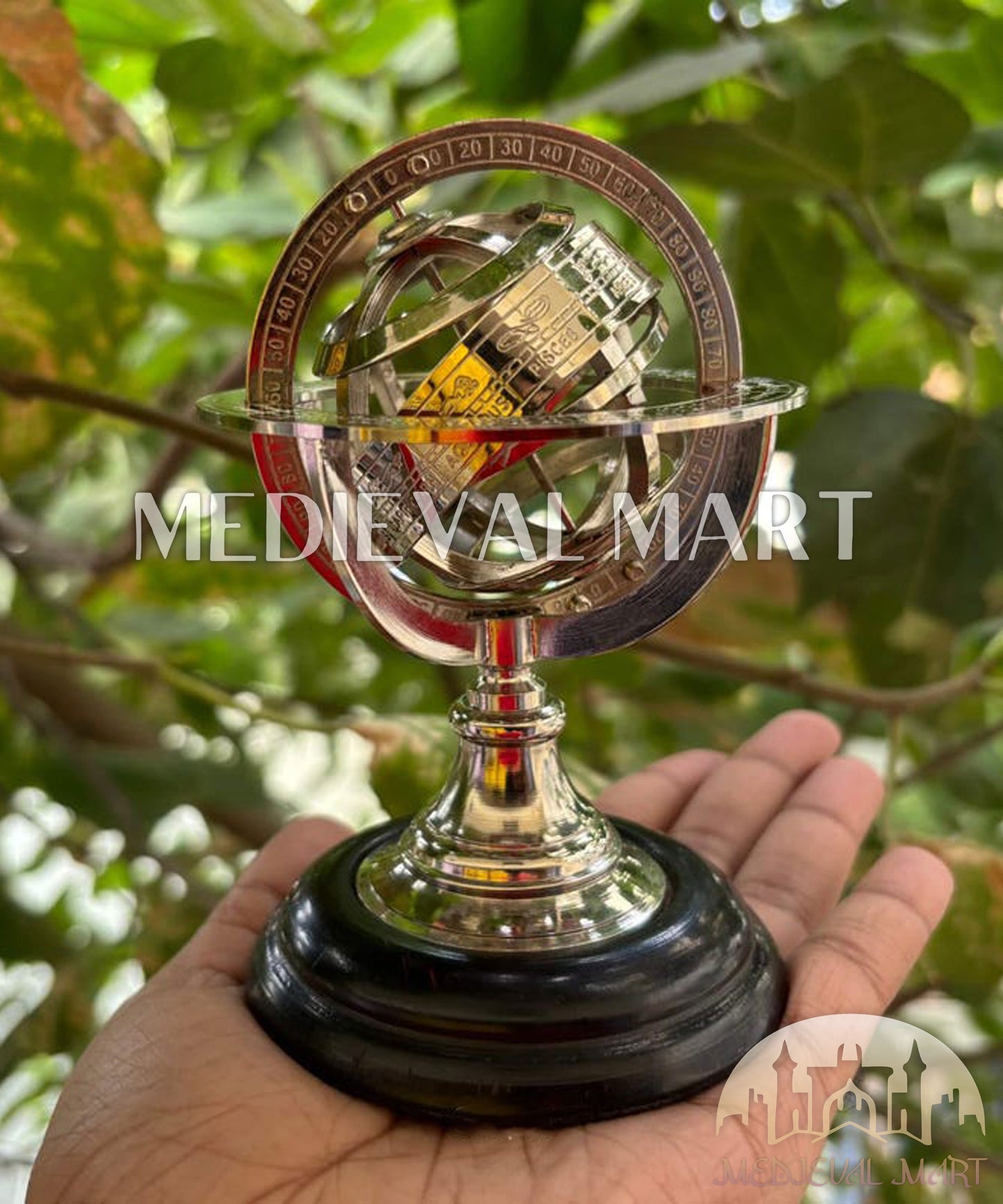 MEDIEVALMART Handmade Nickel Brass Celestial Globe: Zodiac Armillary Sphere on Wood Base Gift for Mom