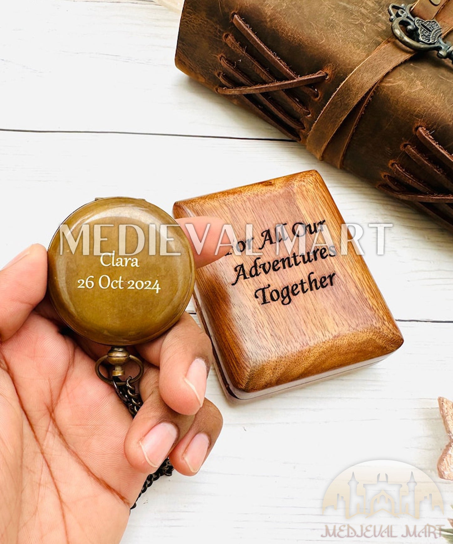 MEDIEVALMART Engrave “Sanctum” Compass W/H “Oaken Vault” Case | Gift for Husband, Father, Graduation”