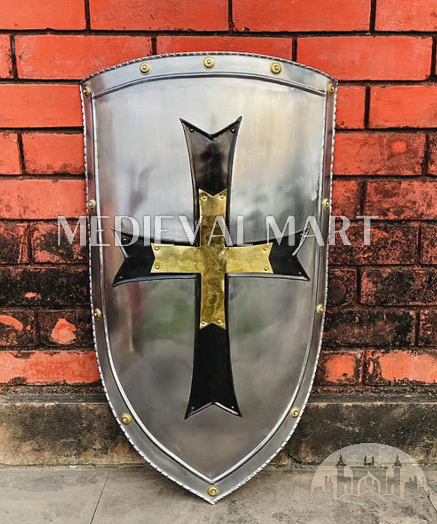 MEDIEVALMART Medieval Crusader Knight Templar Shield W/H Brass & Black Cross | Gift for Dad