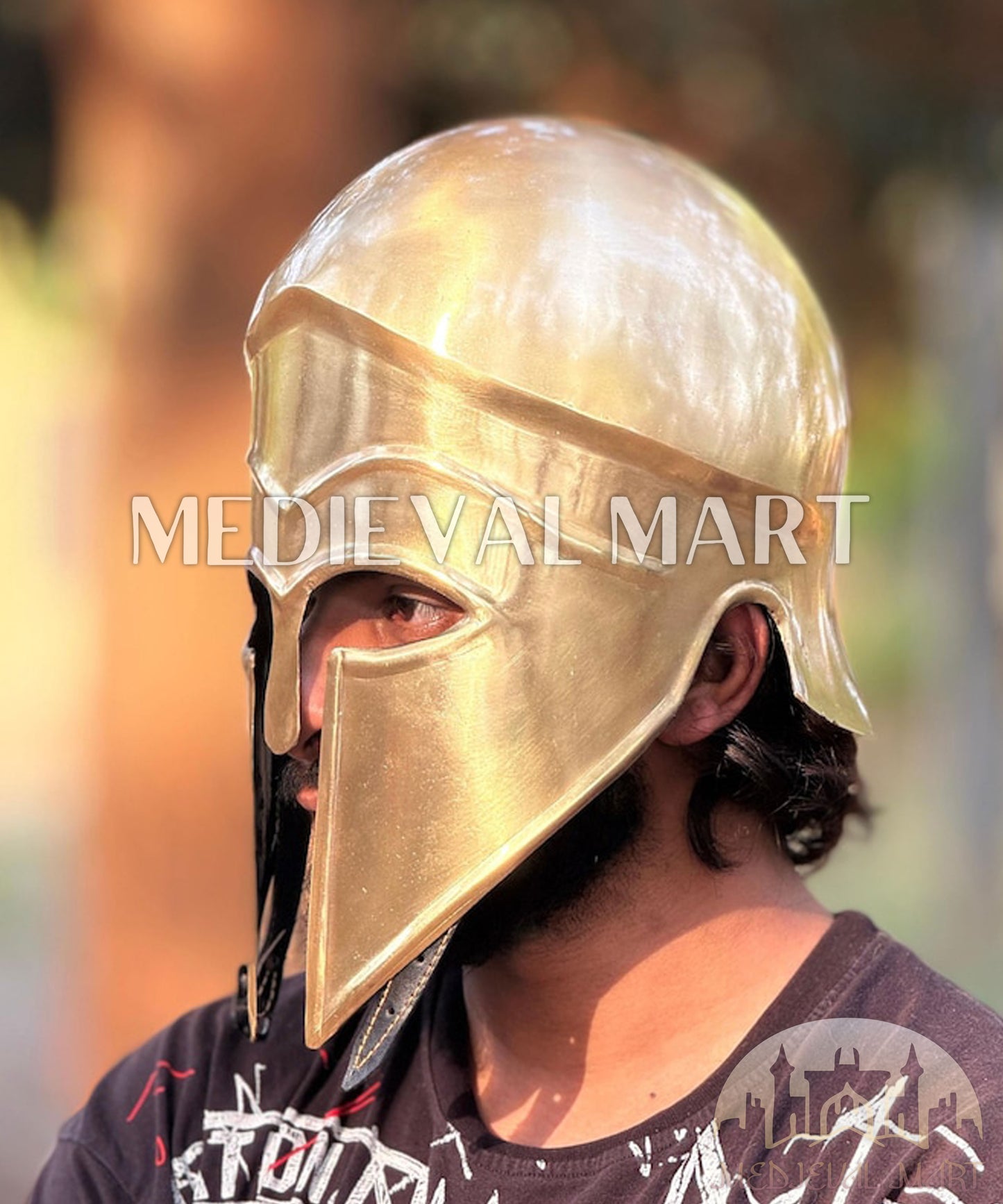 MEDIEVALMART "4th Cen BCE" Greek Hoplites Corinthian Gold Finish Helmet W/H Free Stand | Greek Props