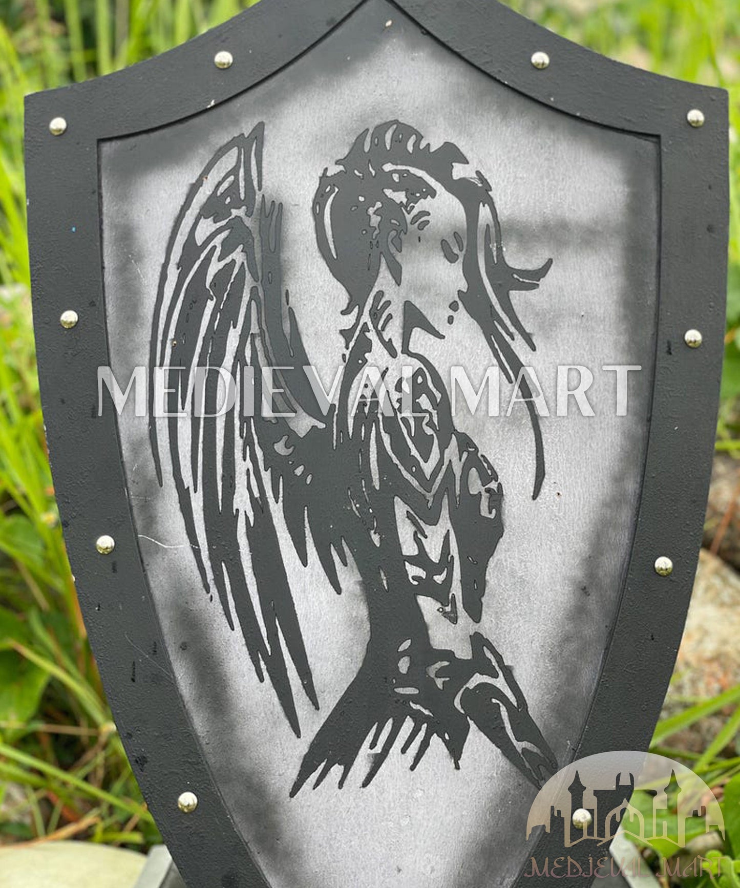 MEDIEVALMART Medieval Templar Devil Angel Inspired Wooden Shield Black & Siver Finish | Gift for Christmas Day