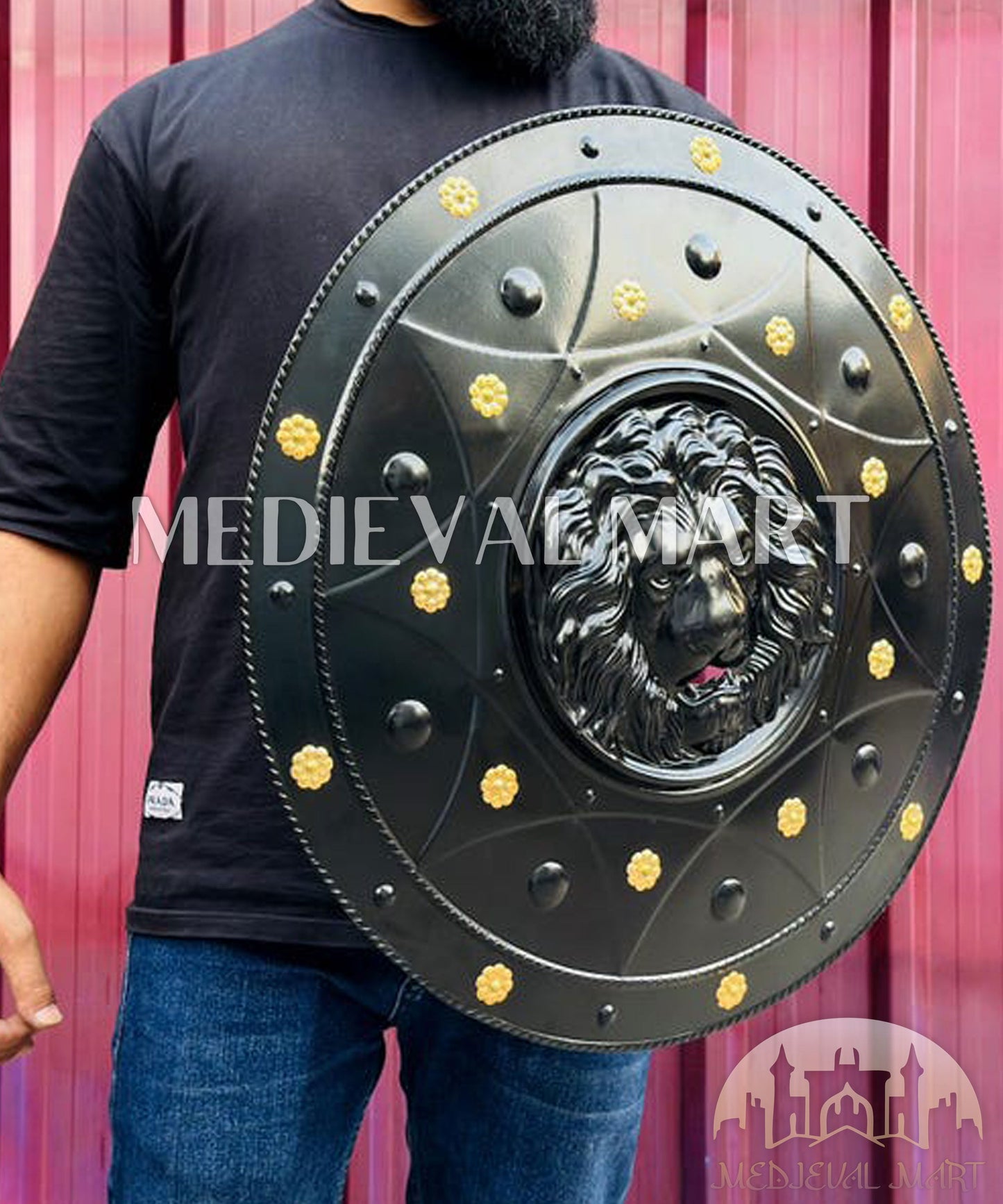 MEDIEVALMART Medieval Spartan Exclusive Gold Lion Face Shield W/H Black Finish | Gift for Dad