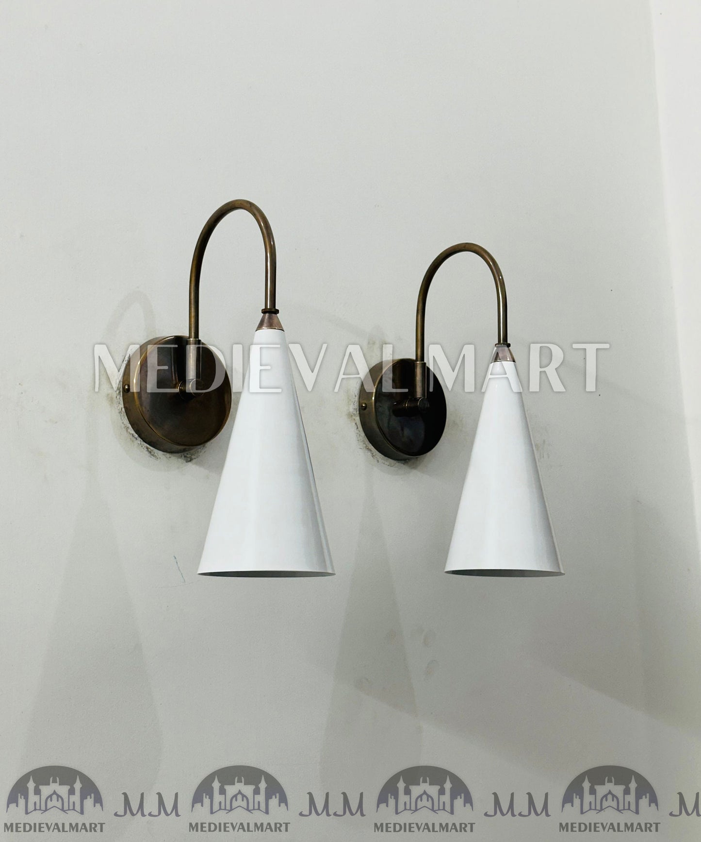 MEDIEVALMART Brass Wall Sconce: Mid Century White Cone Lamp, Adjustable Diabolo Light