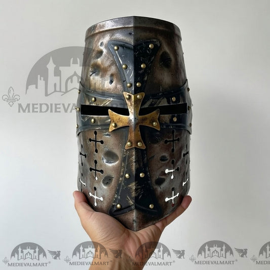 MEDIEVALMART Casque de chevalier templier croisé endommagé de combat, finition argentée, avec support gratuit