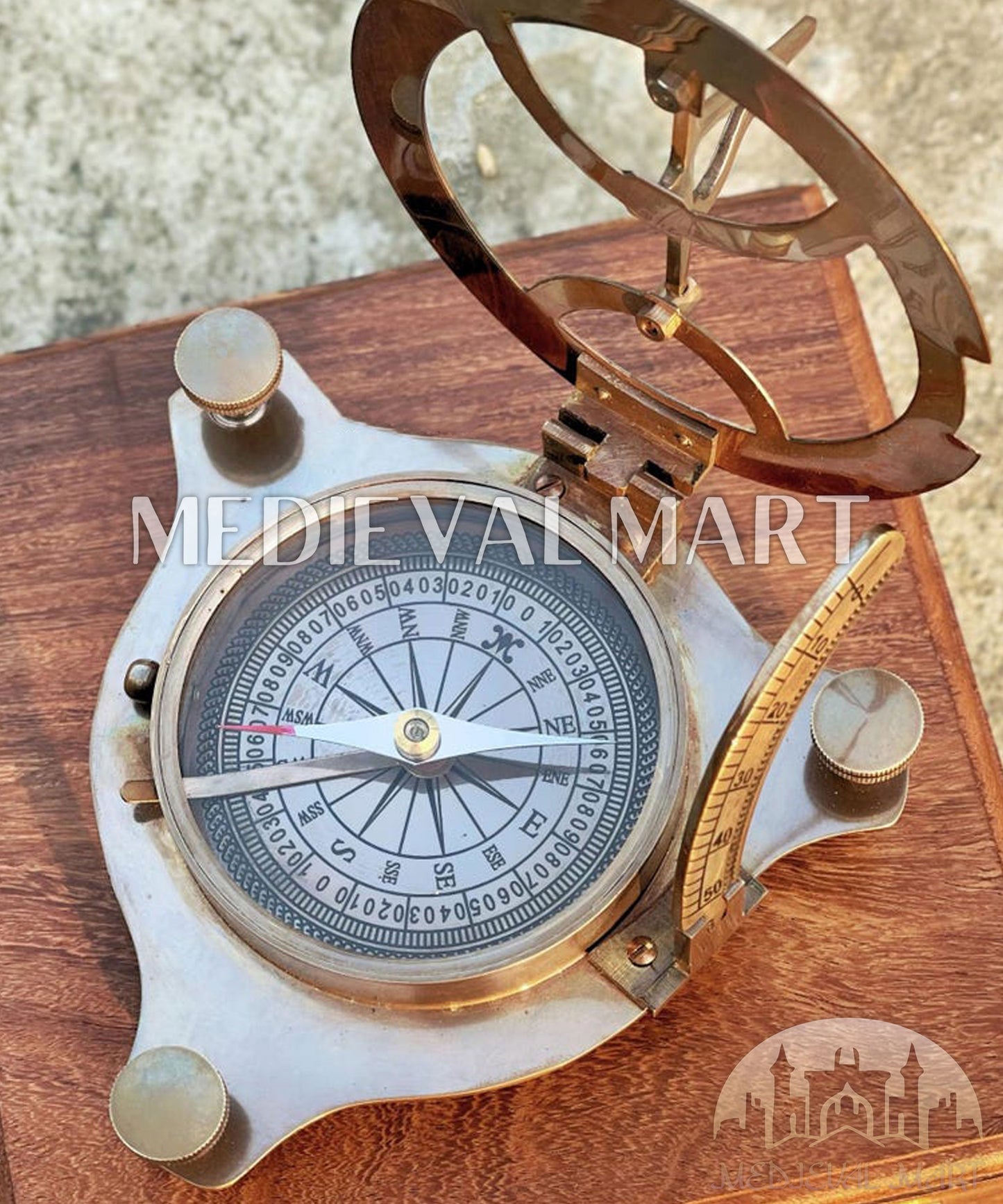 MEDIEVALMART Nautical Astradial Adventure Compass Gold Finish W/H Gen-1 Wooden Case | Gift For Her